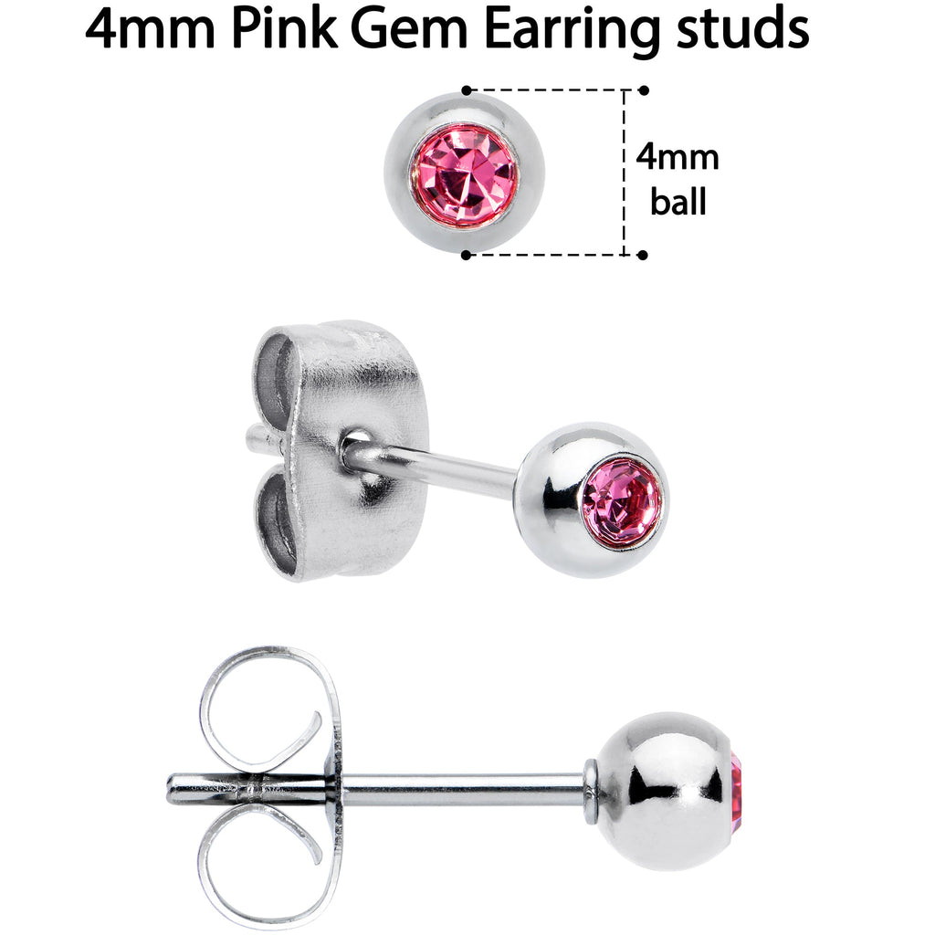 Pink Gem 3mm to 5mm Ball End Stud Earrings Set of 3