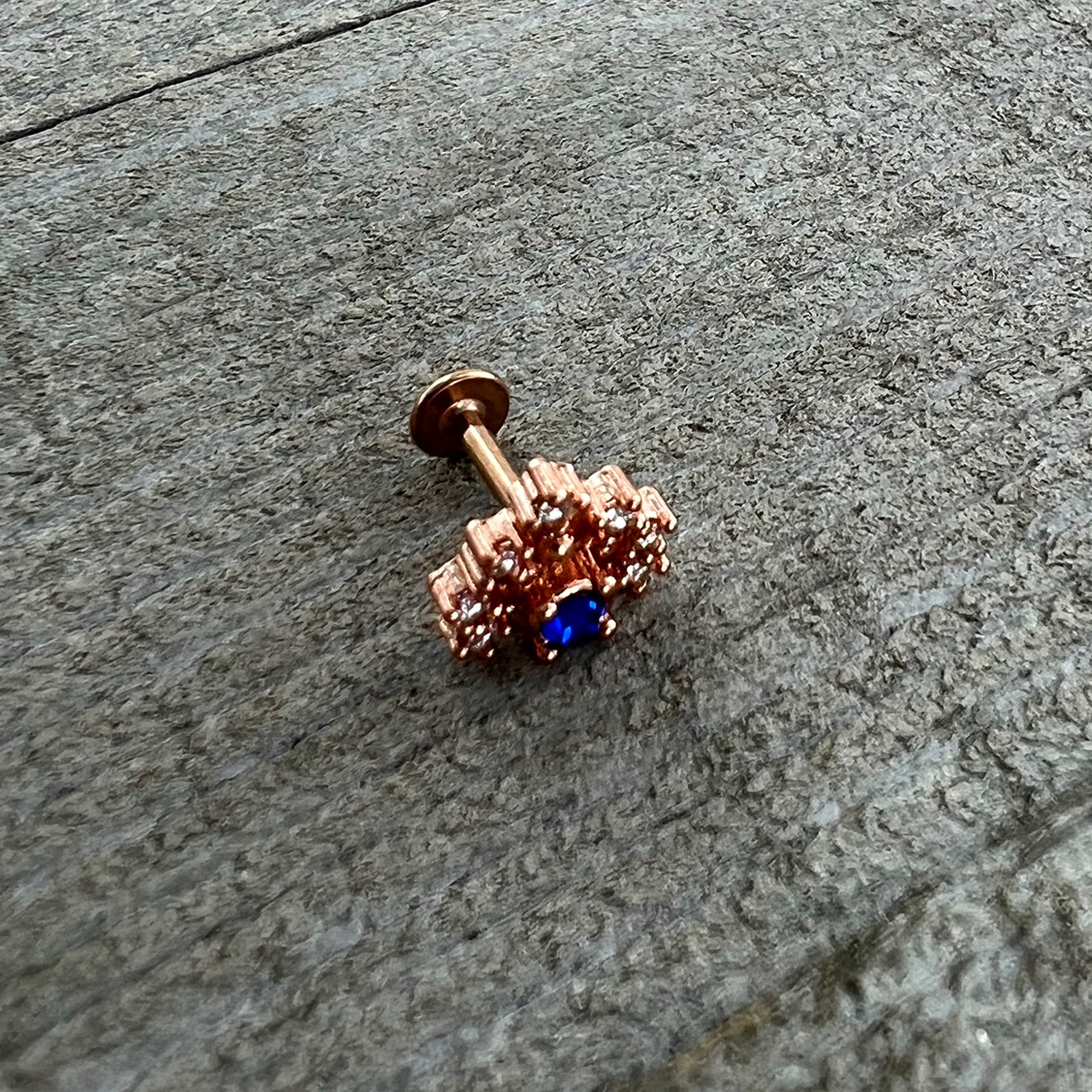 16G 1/4 Blue Clear Gem Rose Gold Tone Glamour Flare Labret