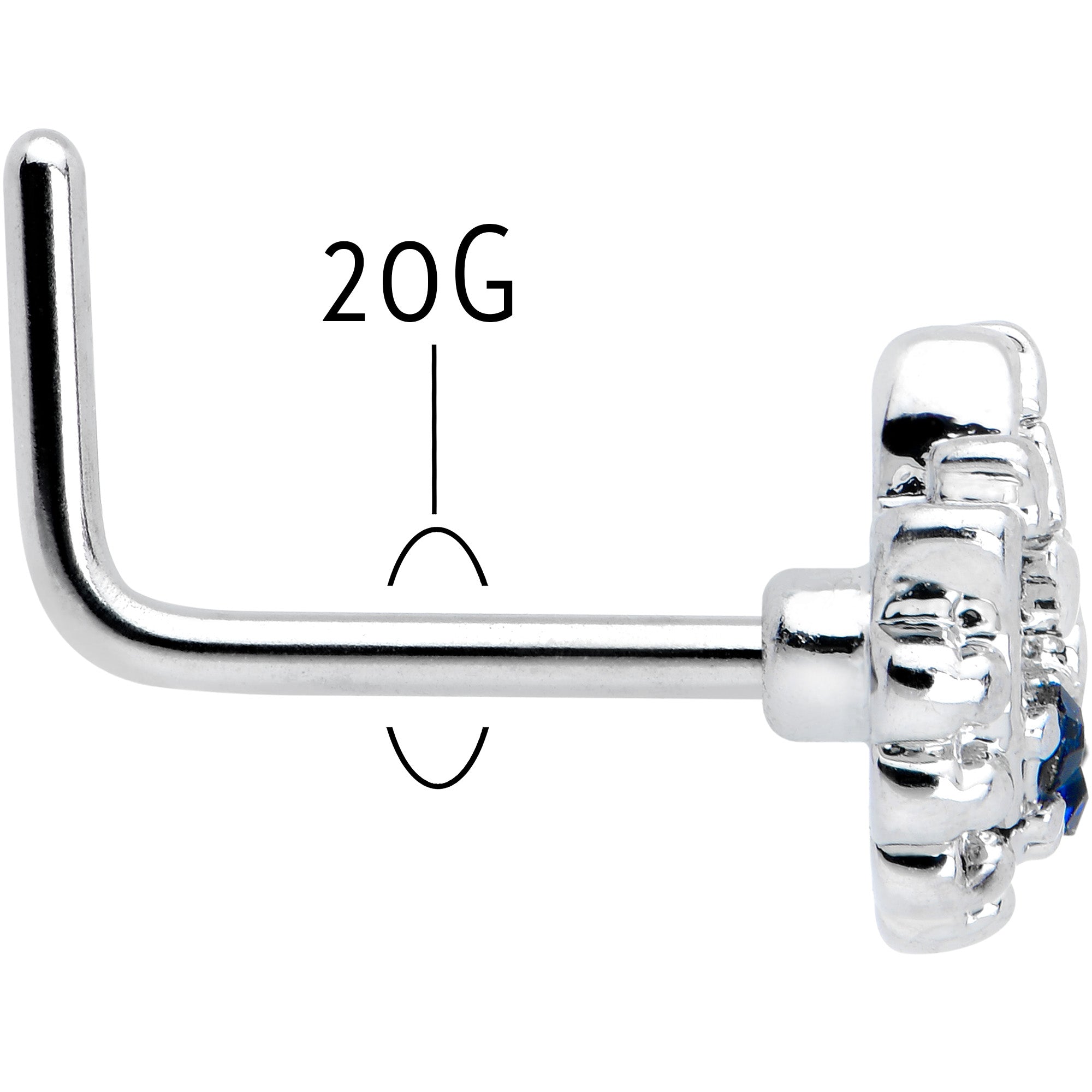20G 7mm Blue Clear Gem Abstract Arch L Shape Nose Ring