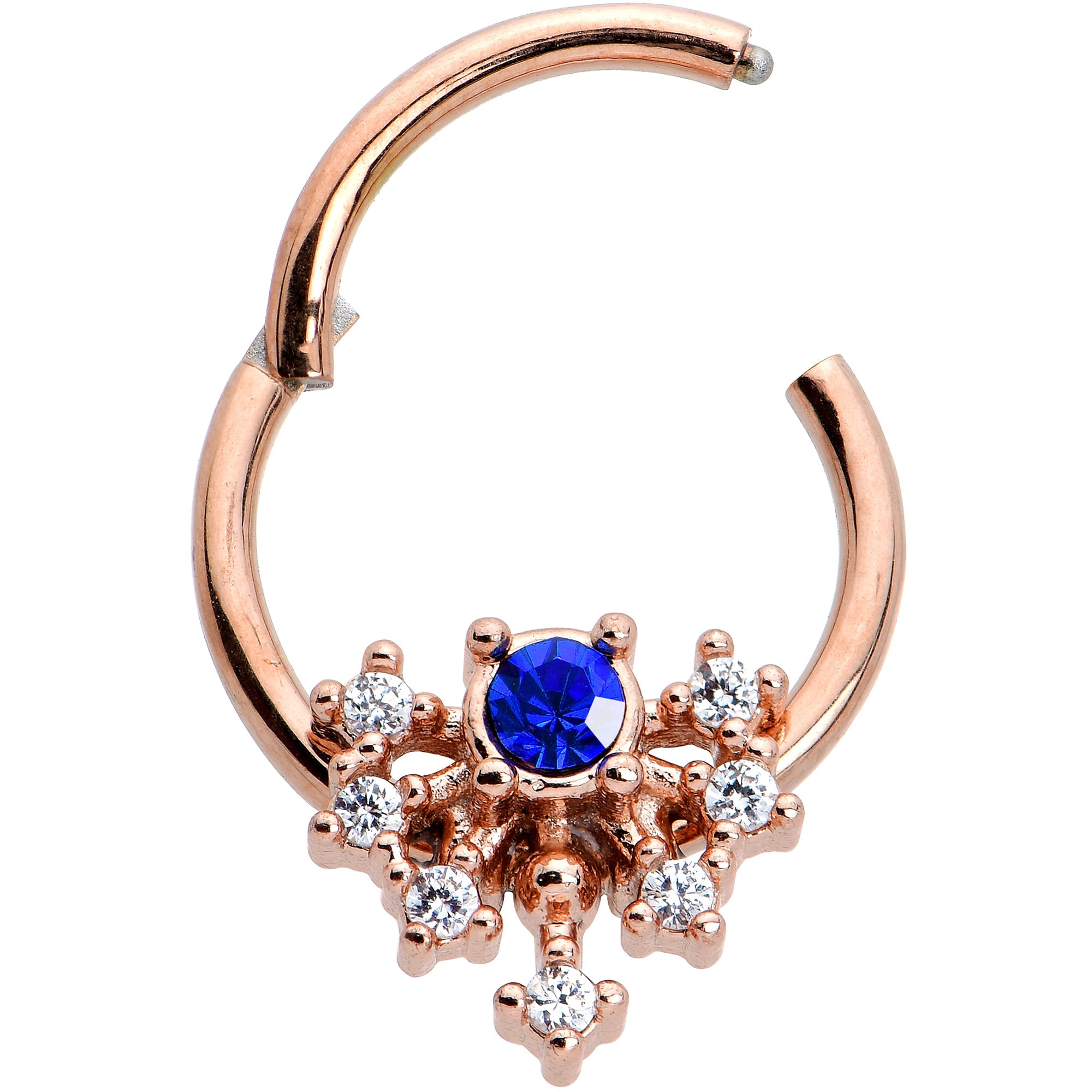 16G 3/8 Blue Gem Rose Gold Tone Glamour Flare Hinged Segment Ring