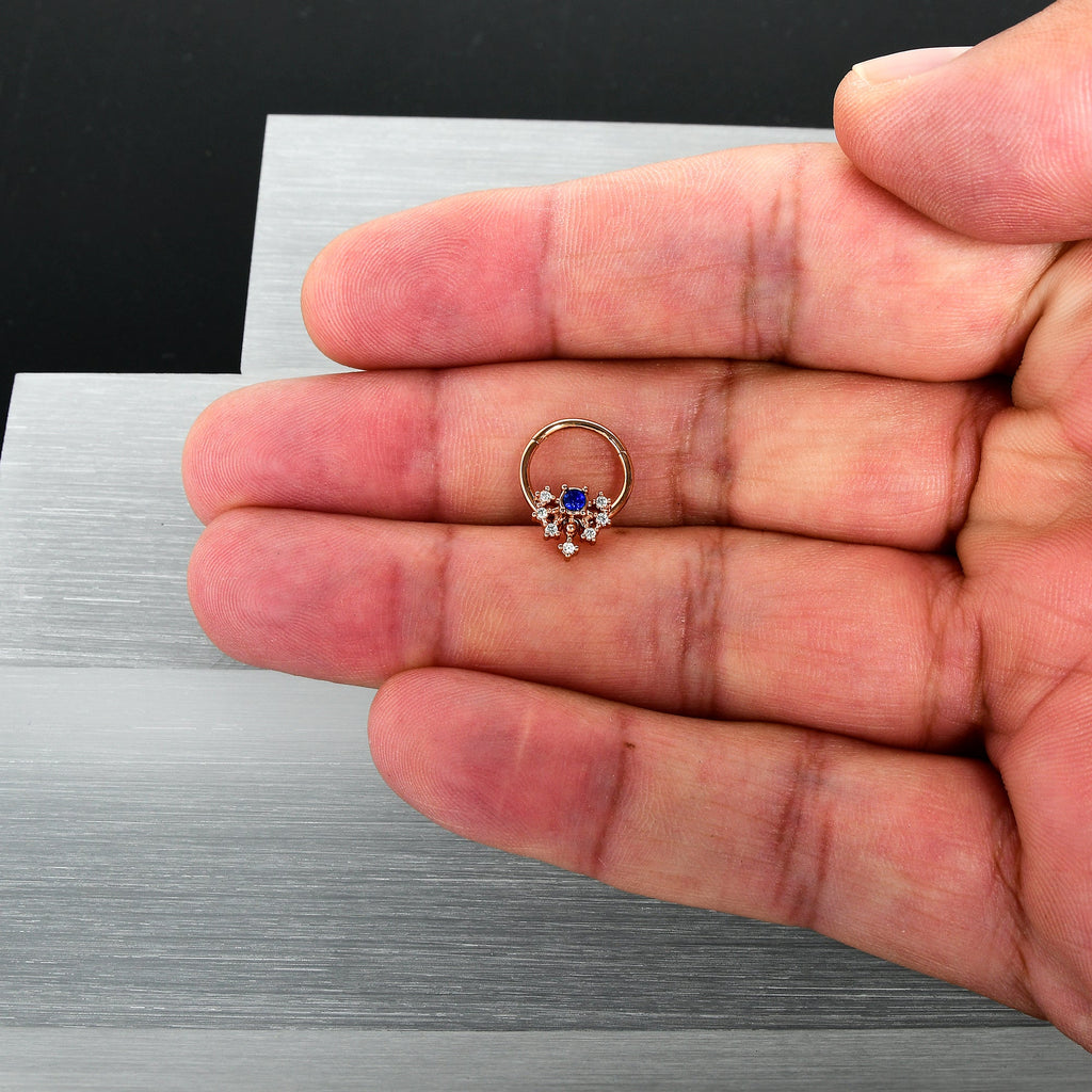 16G 3/8 Blue Gem Rose Gold Tone Glamour Flare Hinged Segment Ring