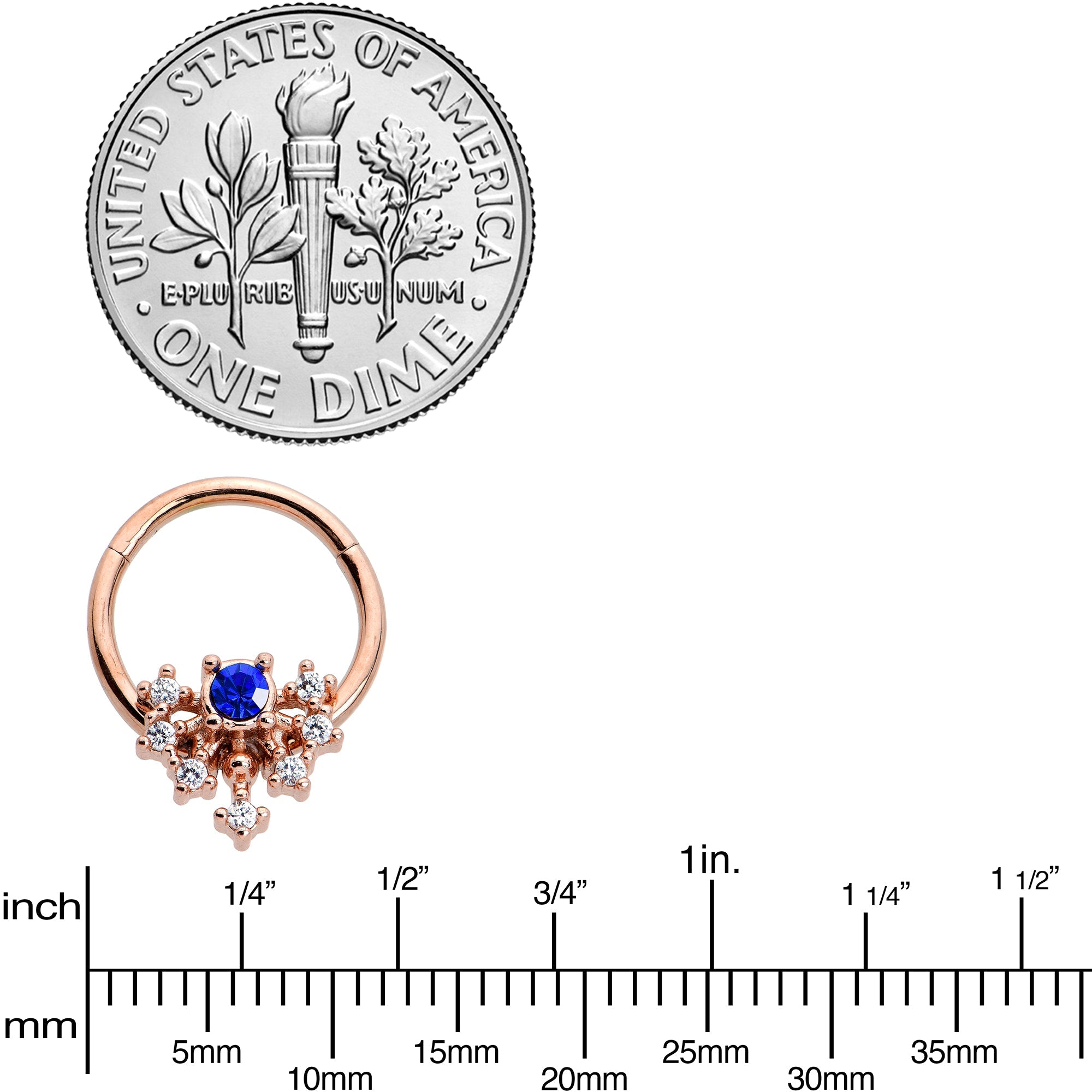 16G 3/8 Blue Gem Rose Gold Tone Glamour Flare Hinged Segment Ring