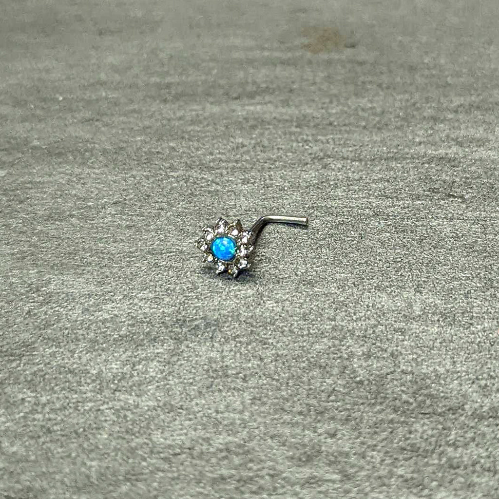 20G 7mm Blue Faux Opal Heart Sun L Shape Nose Ring
