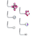 20G 1/4 Aurora Pink CZ Gem Flower L Shape Nose Ring Set of 6