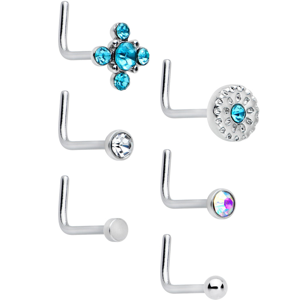 20G 1/4 Aurora Blue CZ Gem Flower L Shape Nose Ring Set of 6