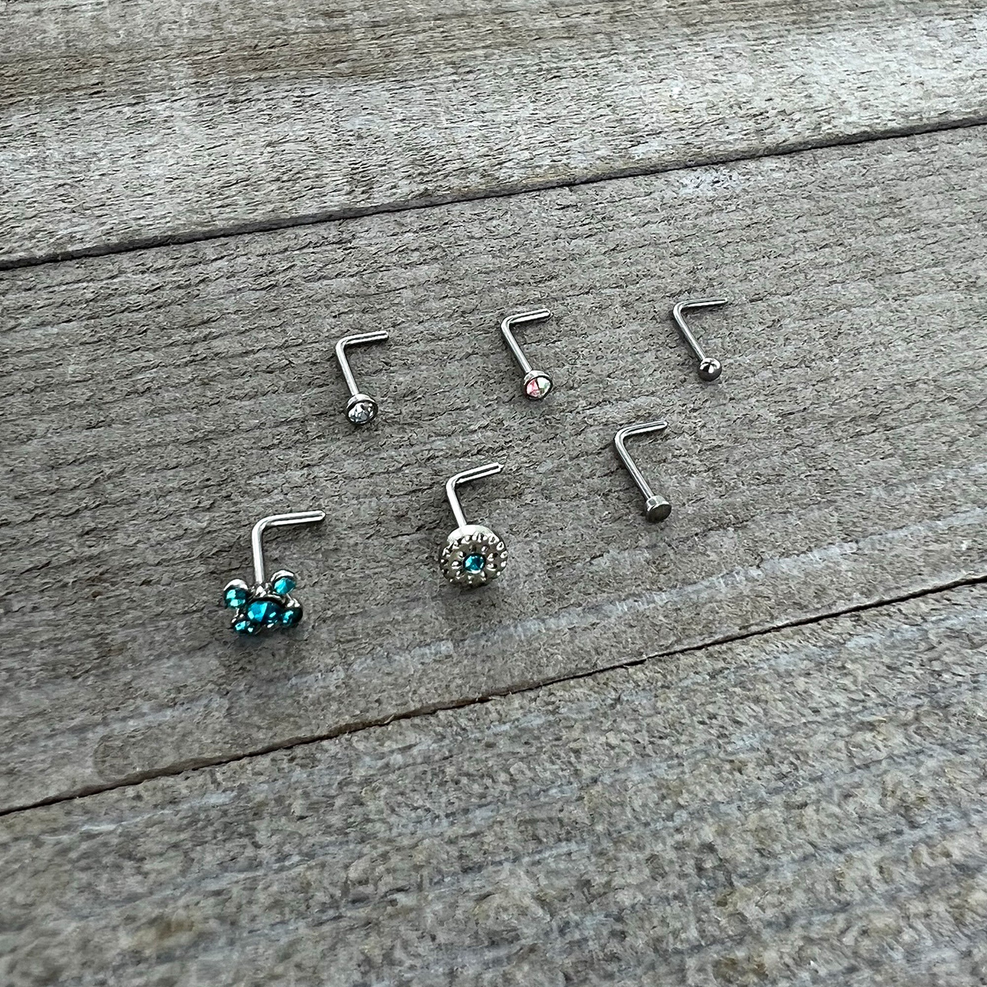 20G 1/4 Aurora Blue CZ Gem Flower L Shape Nose Ring Set of 6