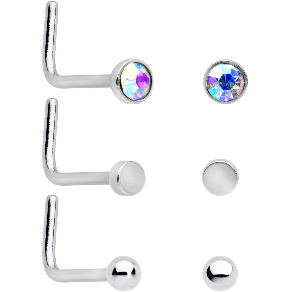 20G 1/4 Clear CZ Gem Flower Disc L Shape Nose Ring Set of 6
