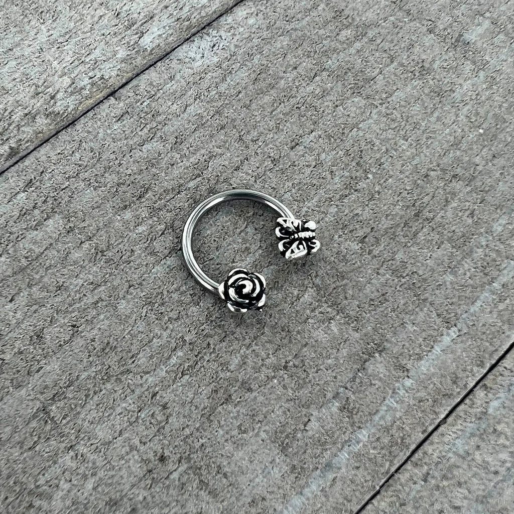 16G 3/8 Antiqued Butterfly Flower Horseshoe Circular Barbell