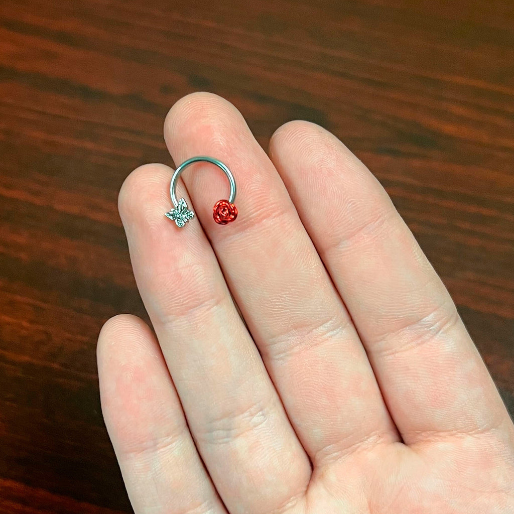 16G 3/8 Butterfly Red Rose Flower Horseshoe Circular Barbell