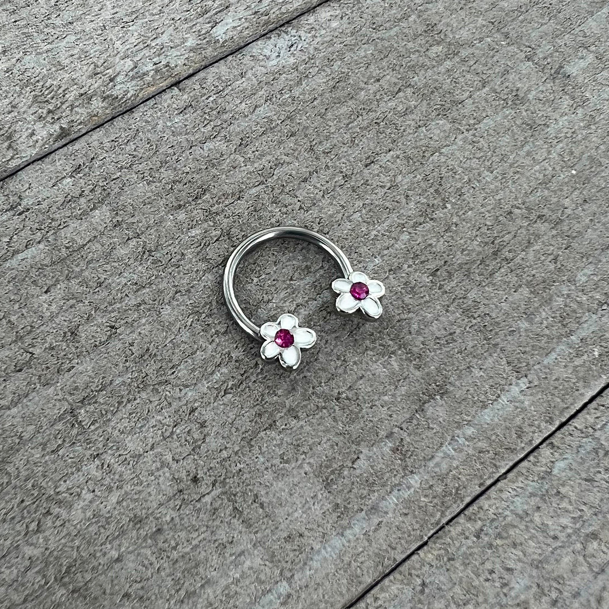 16G 3/8 Pink Gem Daisy Flowers Horseshoe Circular Barbell