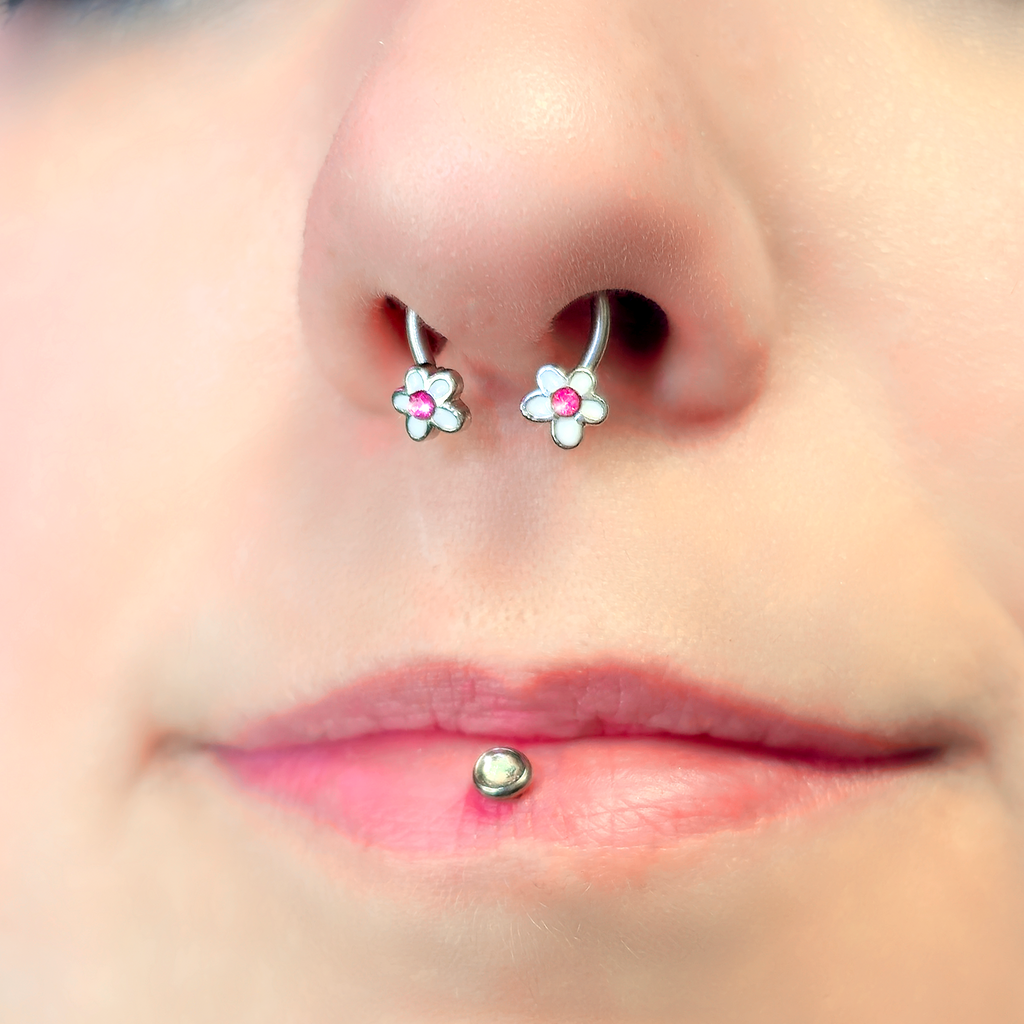 16G 3/8 Pink Gem Daisy Flowers Horseshoe Circular Barbell