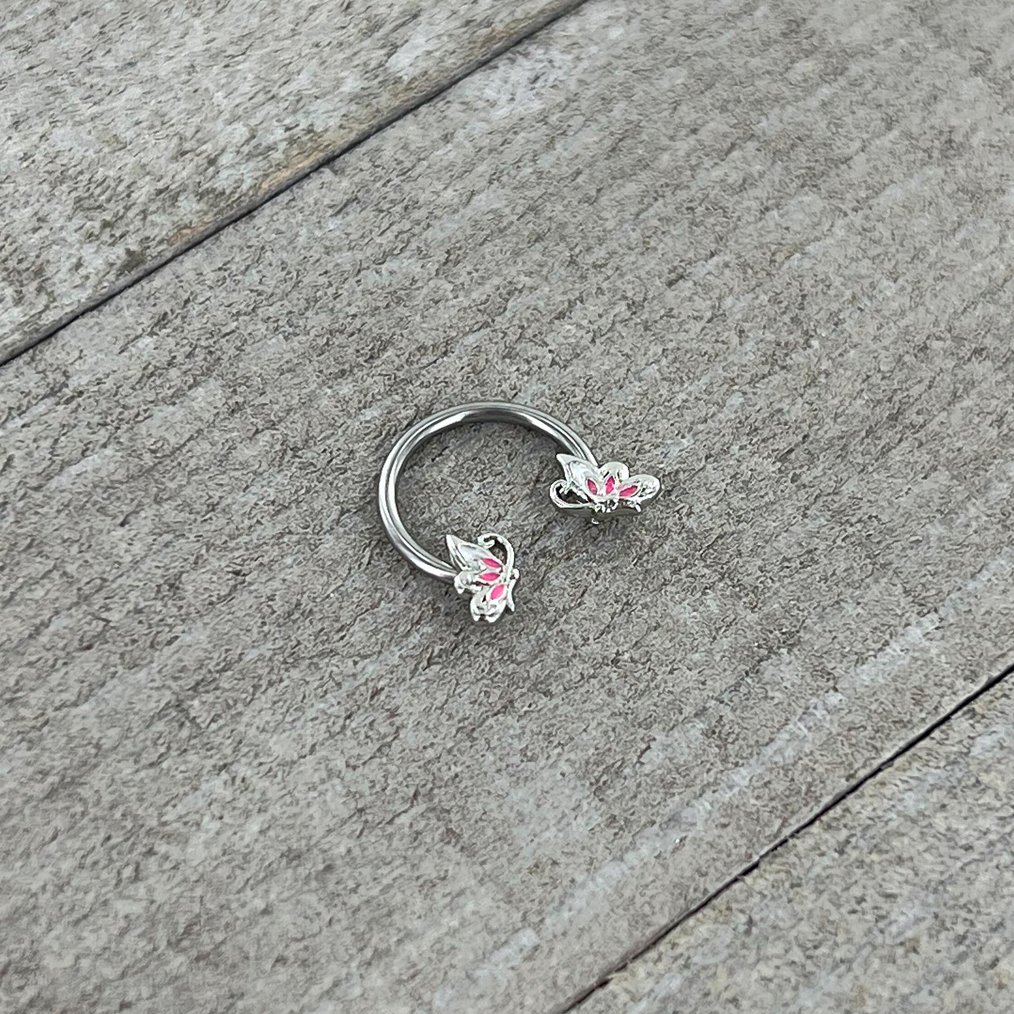 16G 3/8 Pink Wings Butterfly Horseshoe Circular Barbell