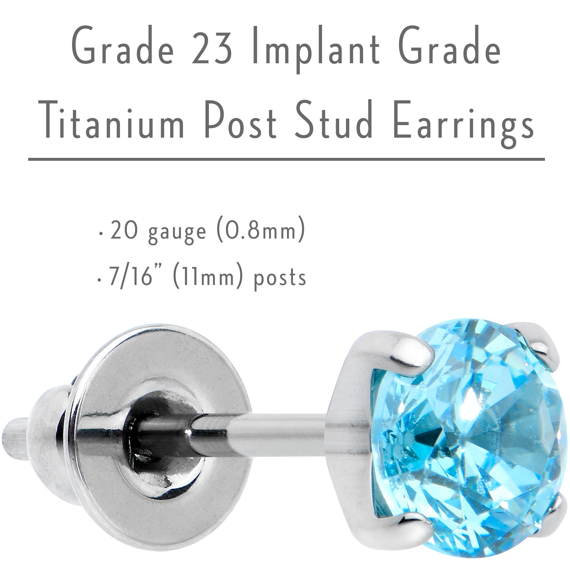 4mm Blue CZ Gem Implant Grade Titanium Stud Earrings
