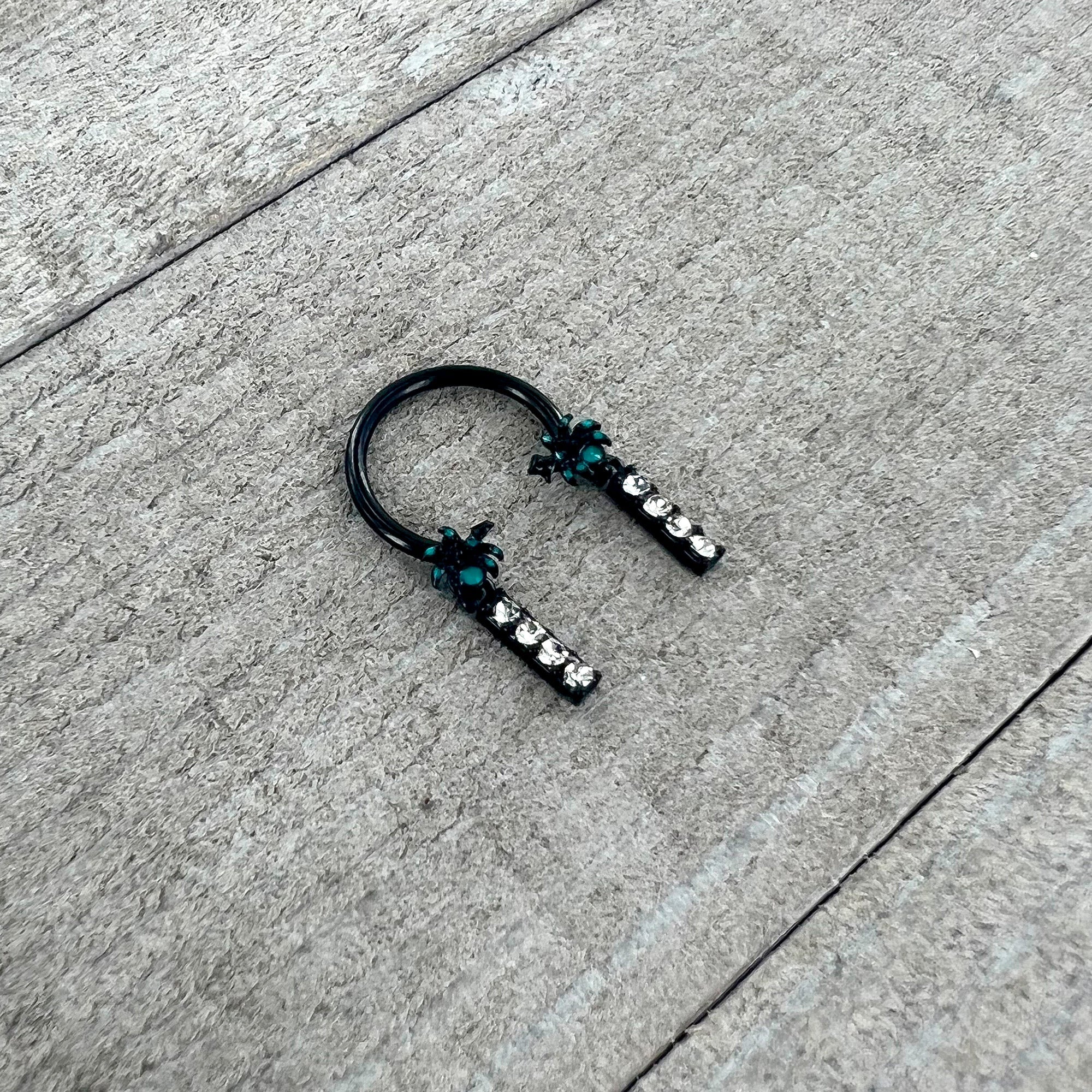 16G 3/8 Clear Gem Black Night Palm Tree Dangle Horseshoe