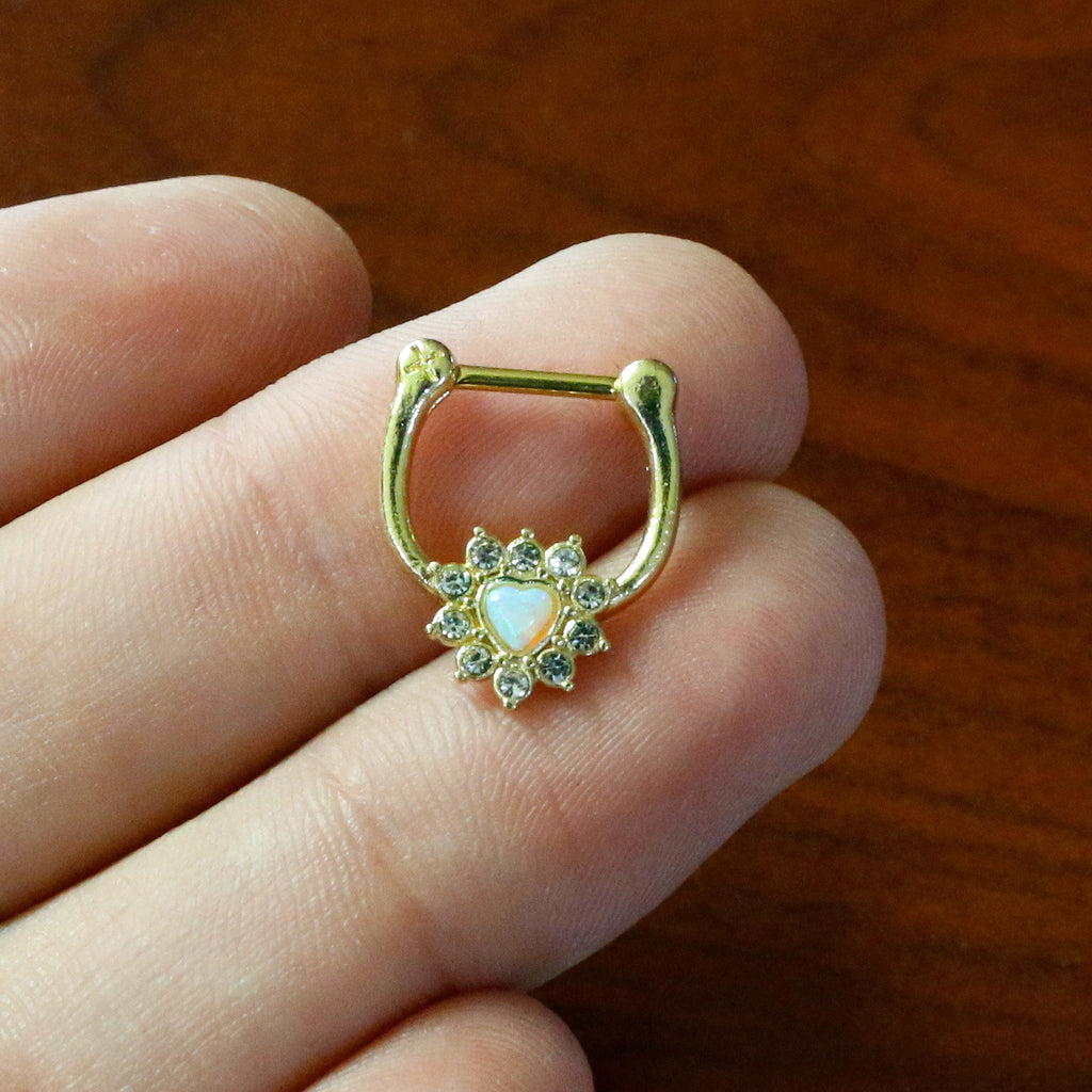 16G 5/16 White Faux Opal Gold Tone Sun Heart Cartilage Clicker