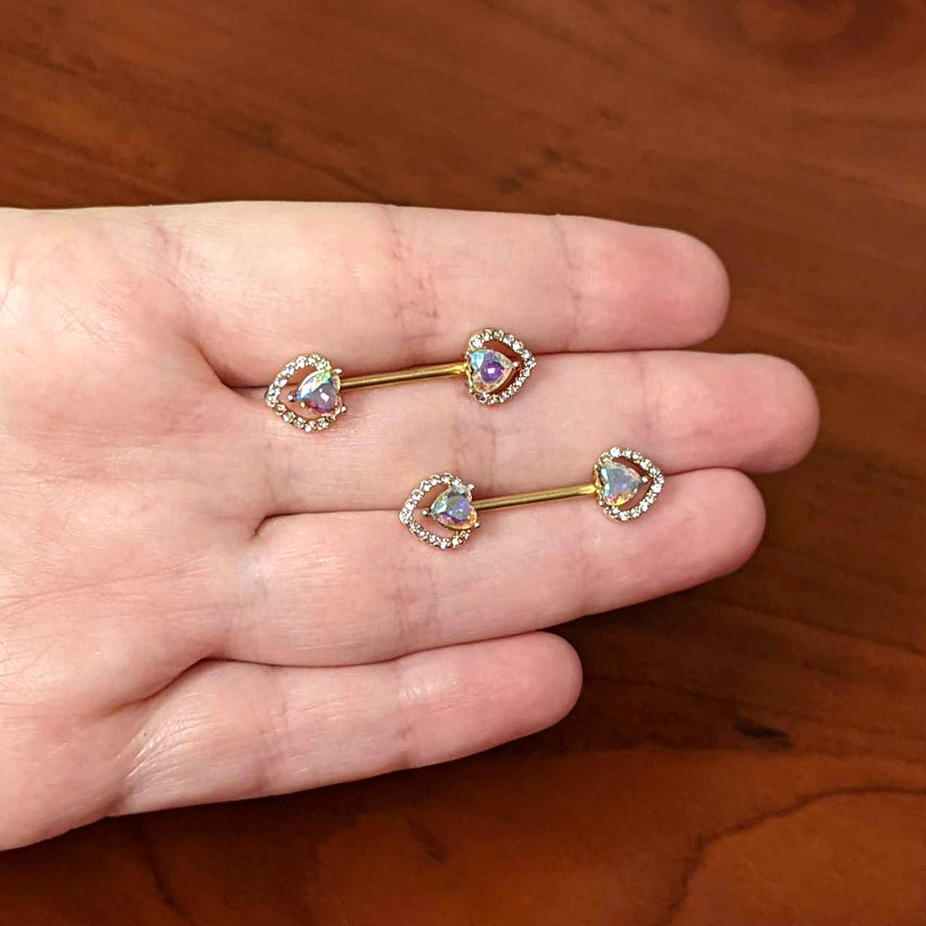 14G 9/16 Aurora Gem Gold Hue Rococo Heart Barbell Nipple Ring Set