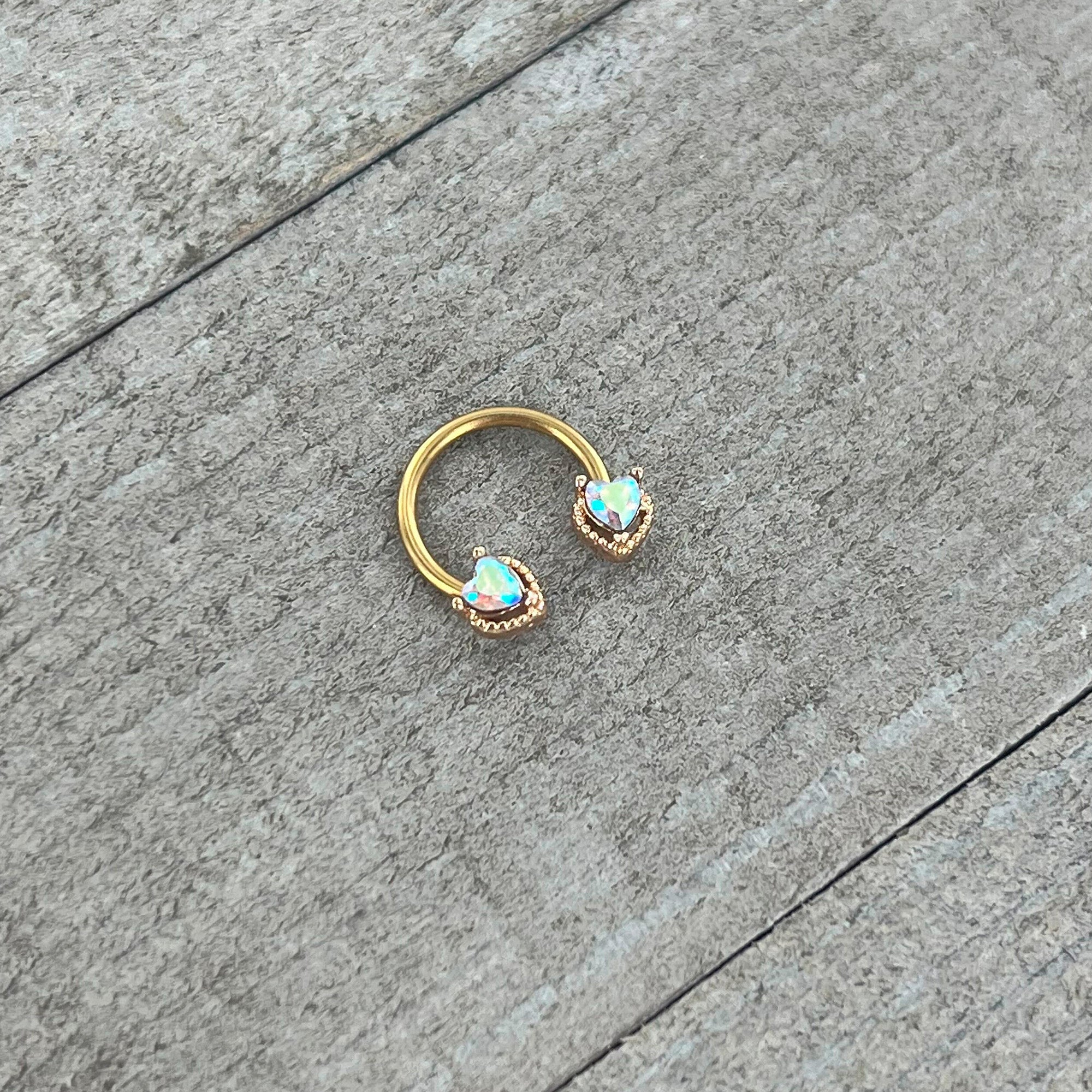 16G 3/8 Aurora Gem Gold Tone Duo Heart Horseshoe Circular Barbell