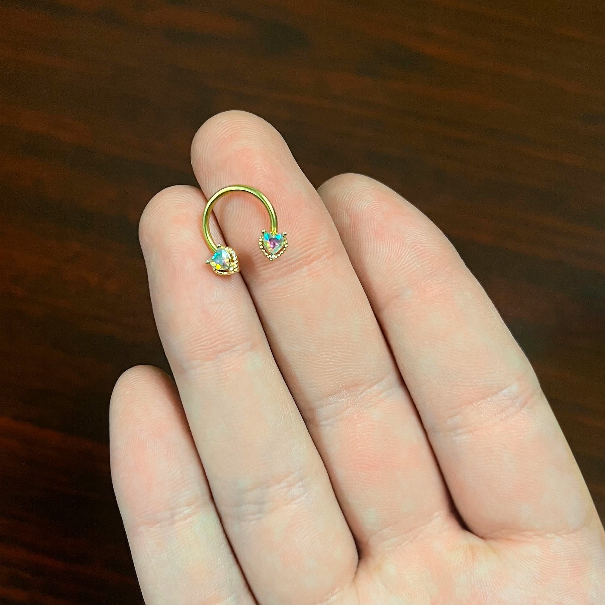 16G 3/8 Aurora Gem Gold Tone Duo Heart Horseshoe Circular Barbell