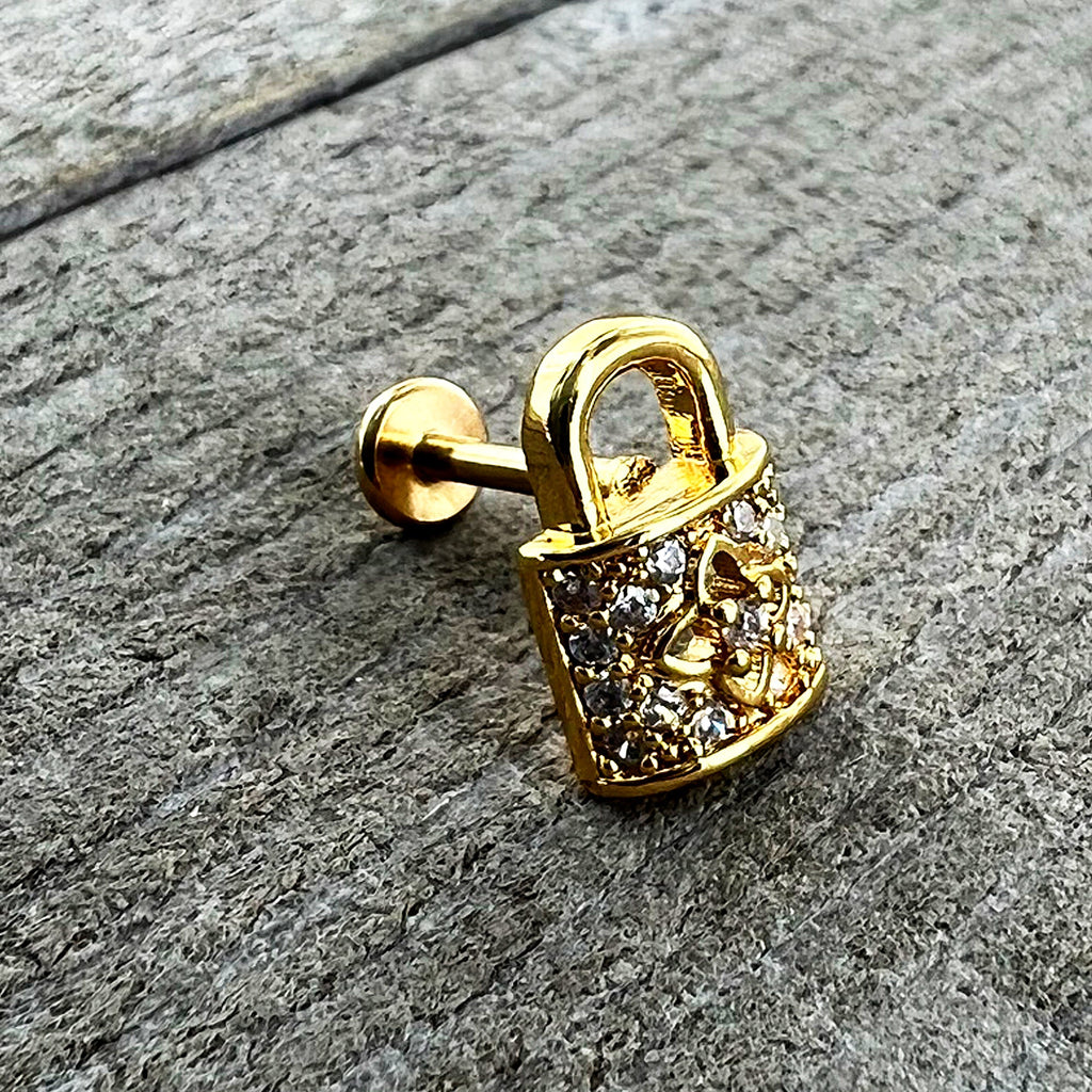16G 1/4 Clear CZ Gem Gold Tone Lock It Up Labret
