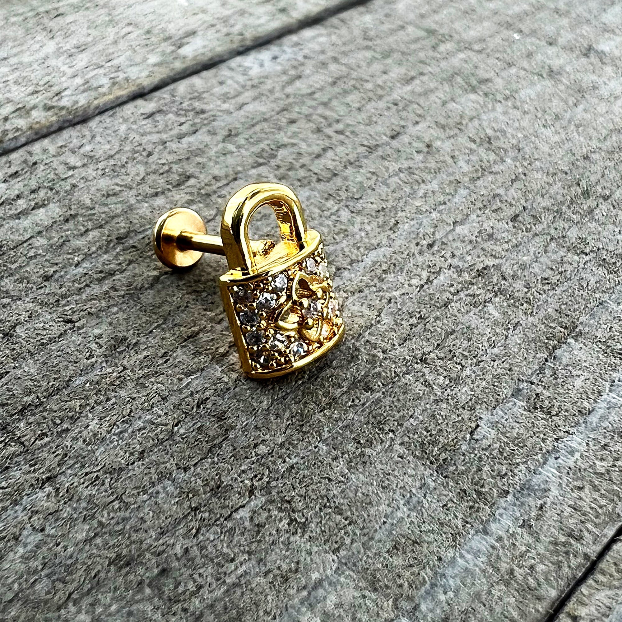 16G 5/16 Clear CZ Gem Gold Tone Lock It Up Labret Monroe Tragus