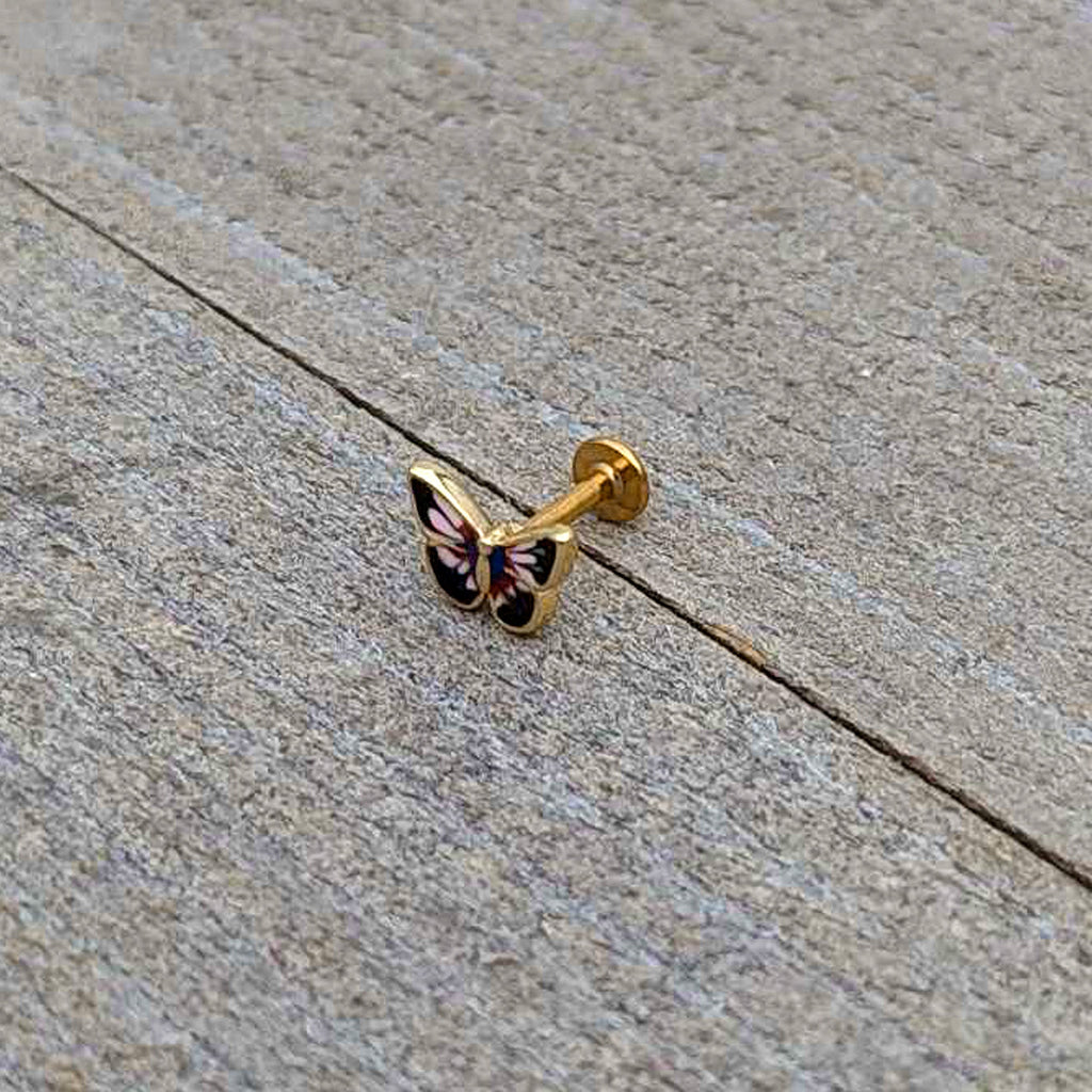 16G 1/4 Gold Tone Red Pink Blue Butterfly Labret Monroe Tragus