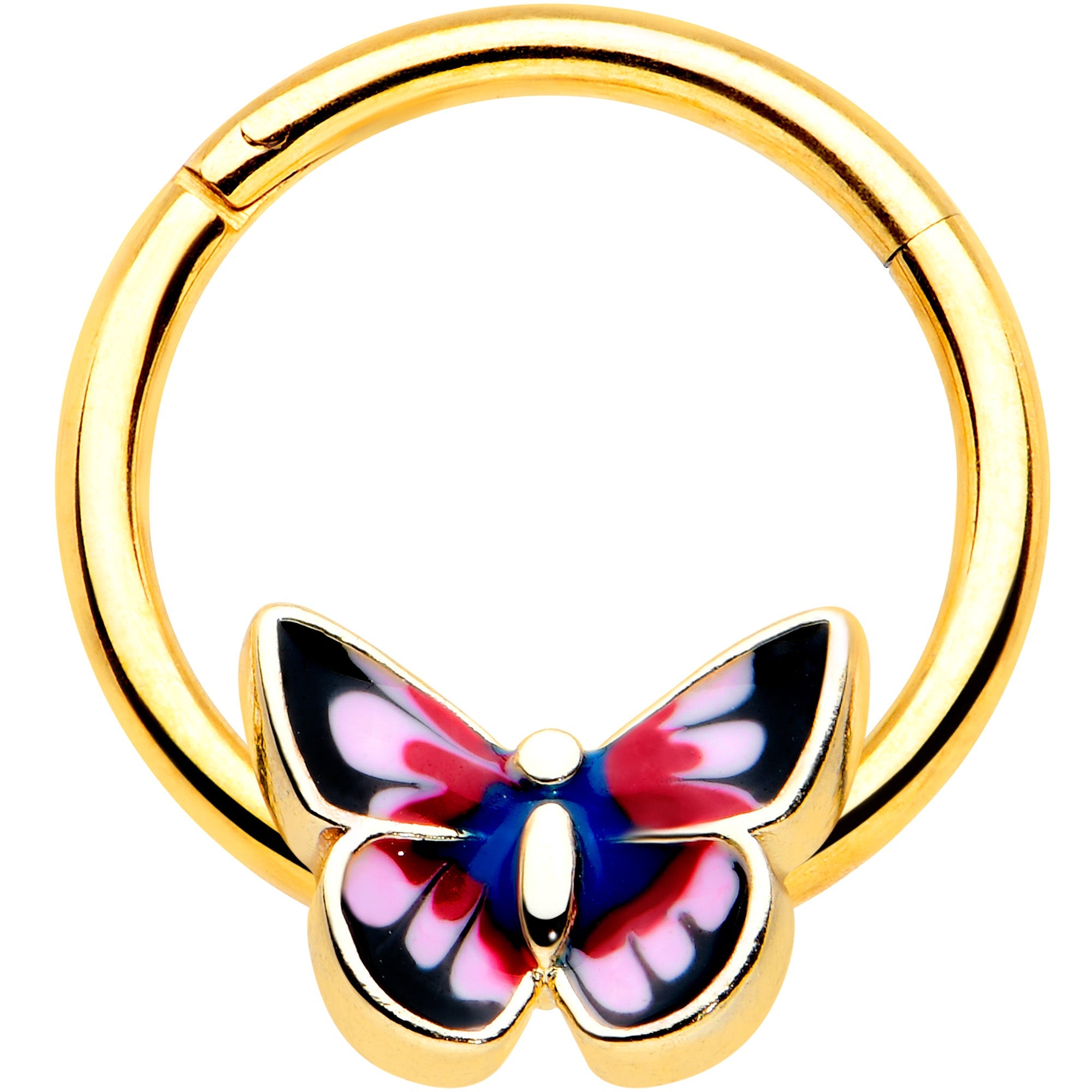 16G 3/8 Gold Tone Red Pink Blue Butterfly Hinged Segment Ring