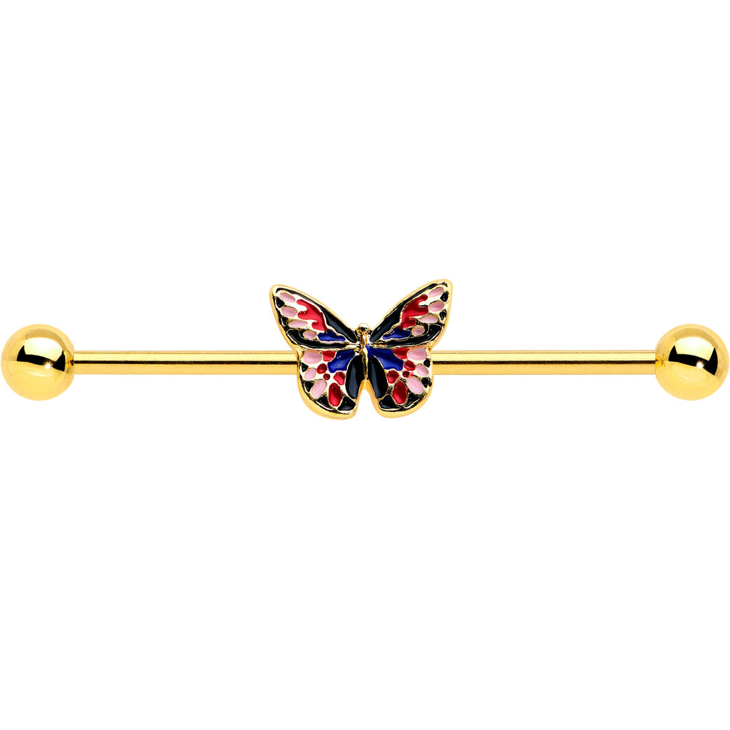 14G Gold Tone Red Blue Pink Butterfly Industrial Barbell 38mm
