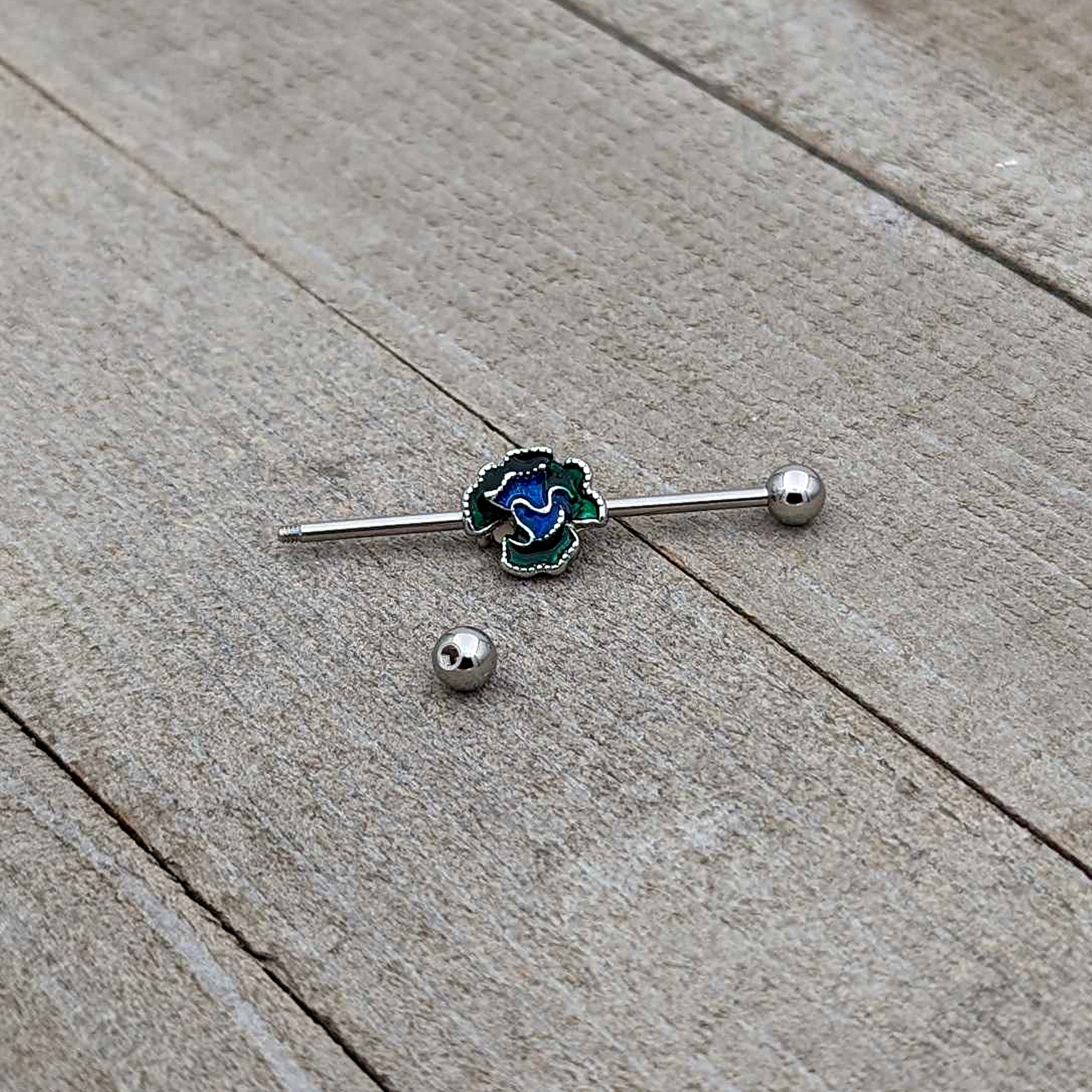 14G Spring Flower Green Blue Industrial Barbell 38mm