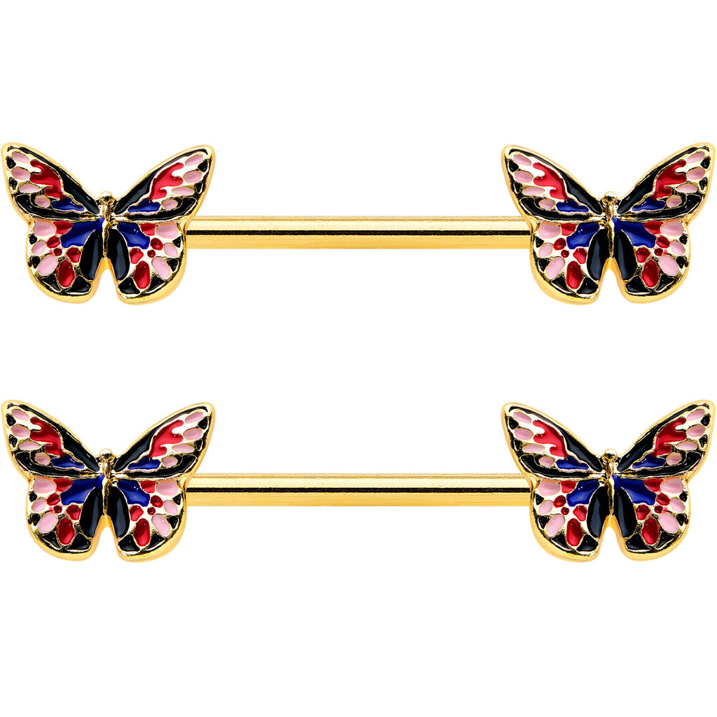 14G 5/8 Gold Tone Pink Blue Red Butterfly Barbell Nipple Ring Set