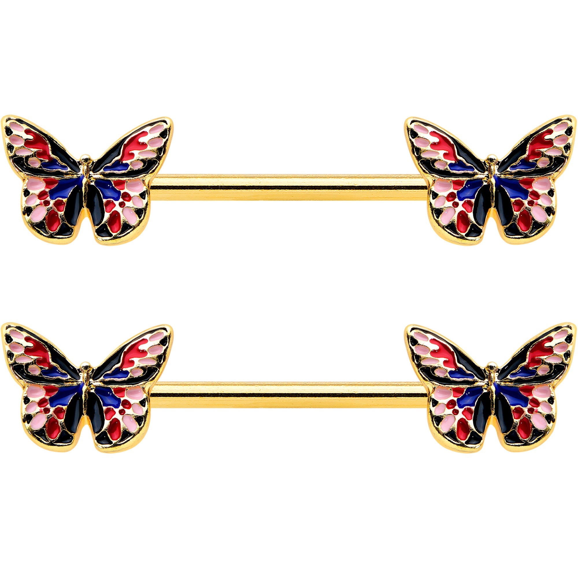 14G 5/8 Gold Tone Pink Blue Red Butterfly Barbell Nipple Ring Set