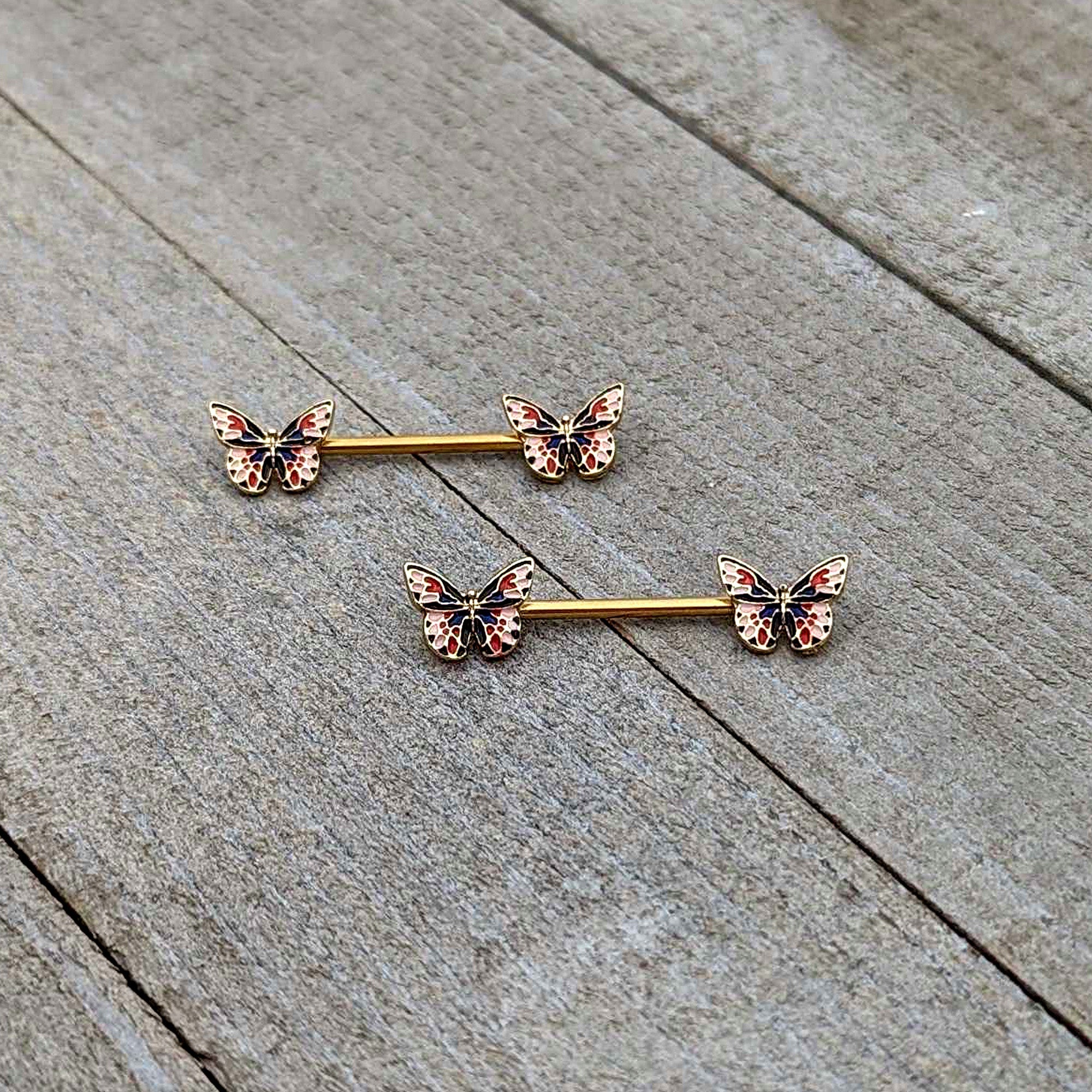14G 5/8 Gold Tone Pink Blue Red Butterfly Barbell Nipple Ring Set