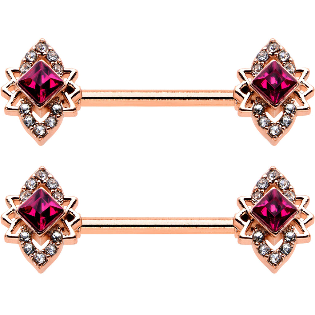 14G 9/16 Red Gem Rosy Tone Octogram Star Barbell Nipple Ring Set