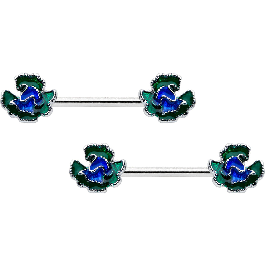 14G 9/16 Spring Flower Blue Green Barbell Nipple Ring Set