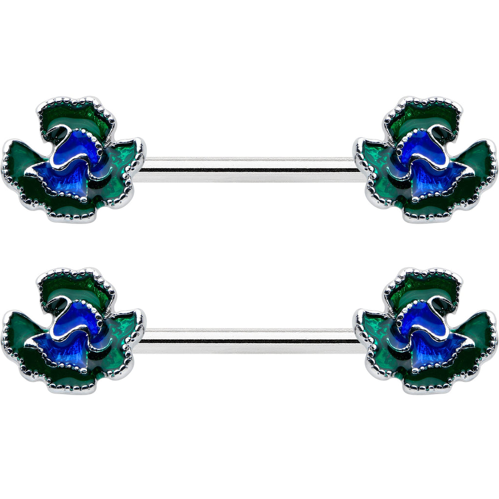 14G 9/16 Spring Flower Blue Green Barbell Nipple Ring Set