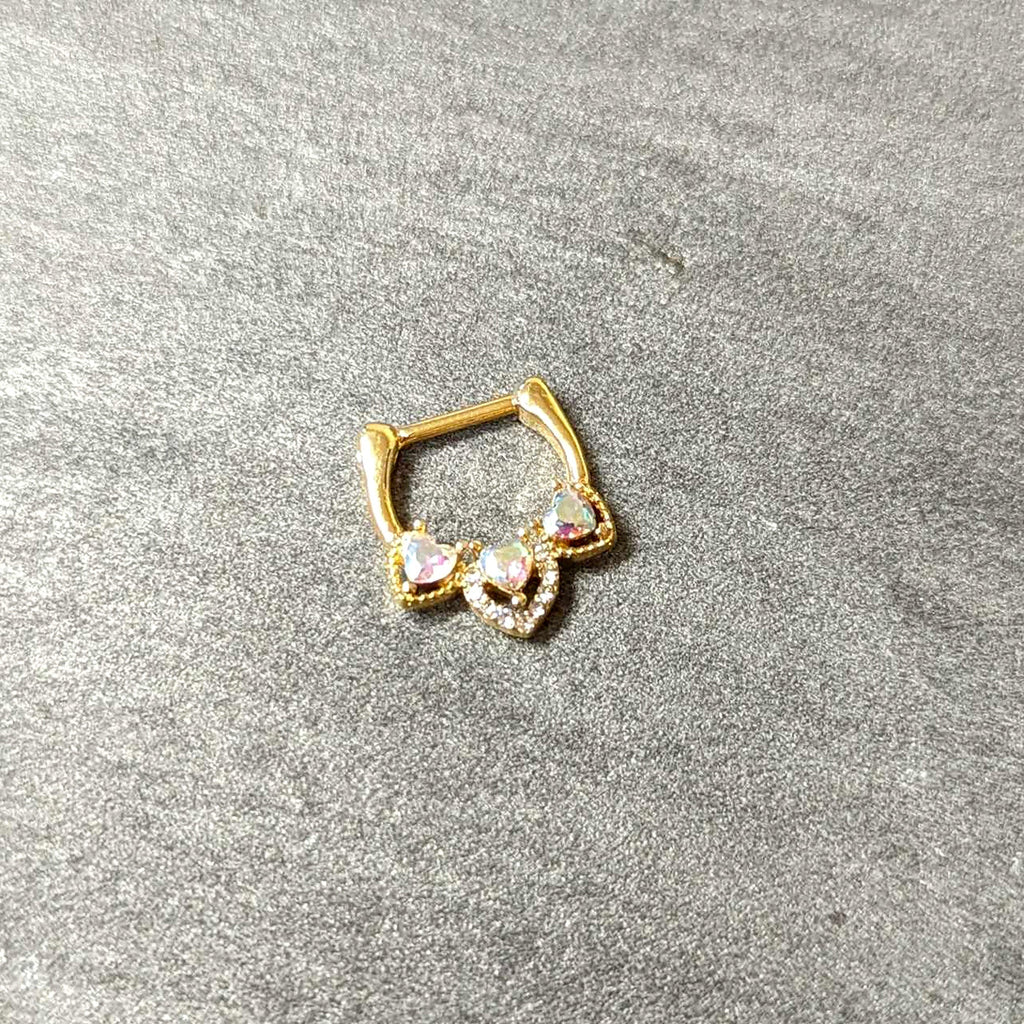 16G 5/16 Clear Aurora Gem Gold Tone Trio Heart Cartilage Clicker