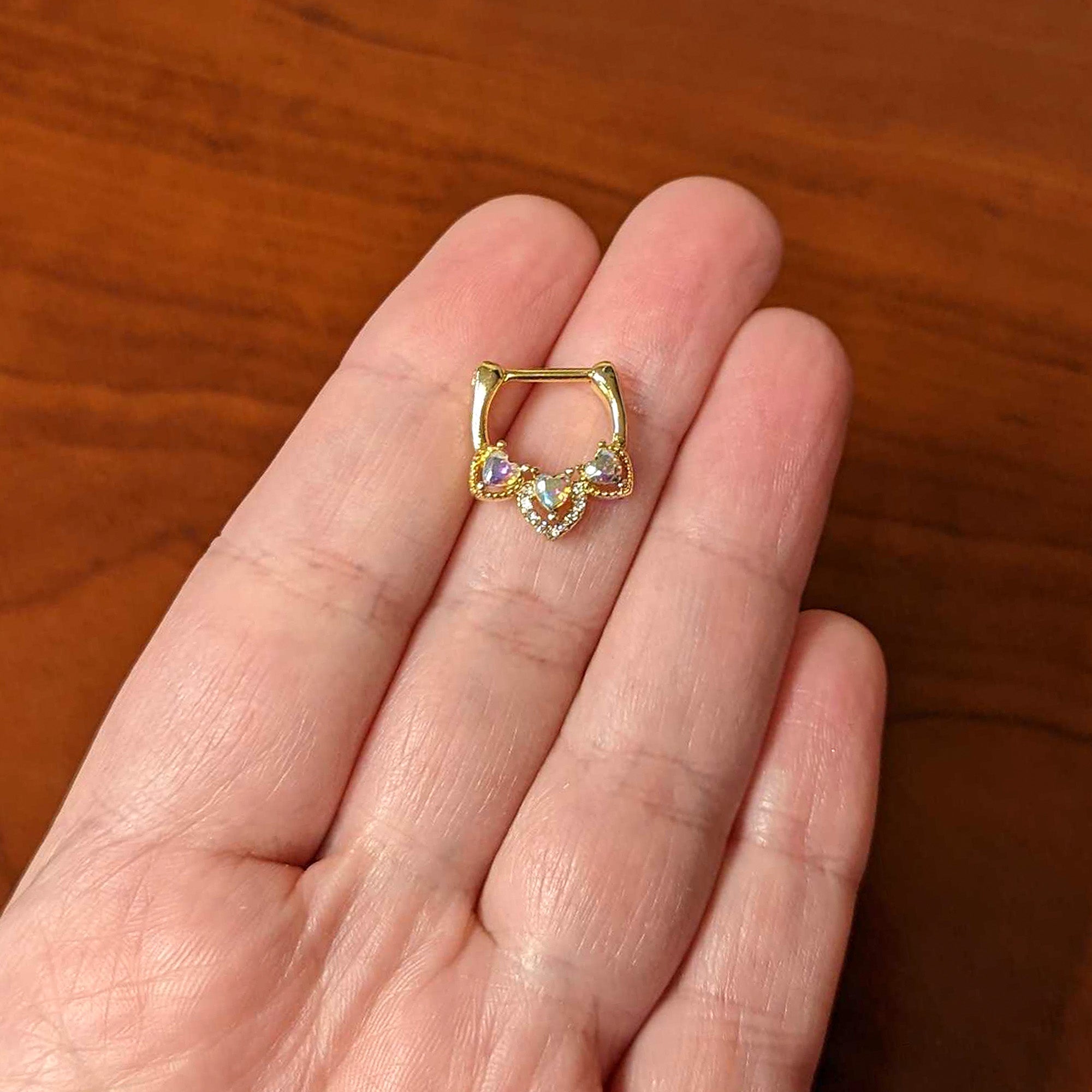 16G 5/16 Clear Aurora Gem Gold Tone Trio Heart Cartilage Clicker