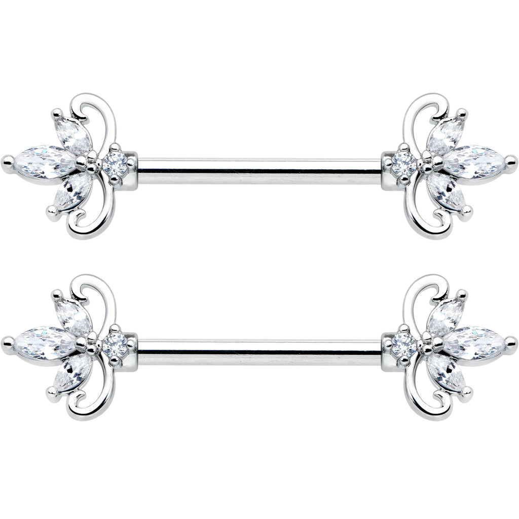 14G 9/16 Clear CZ Gem Double Heart Baroque Barbell Nipple Ring Set