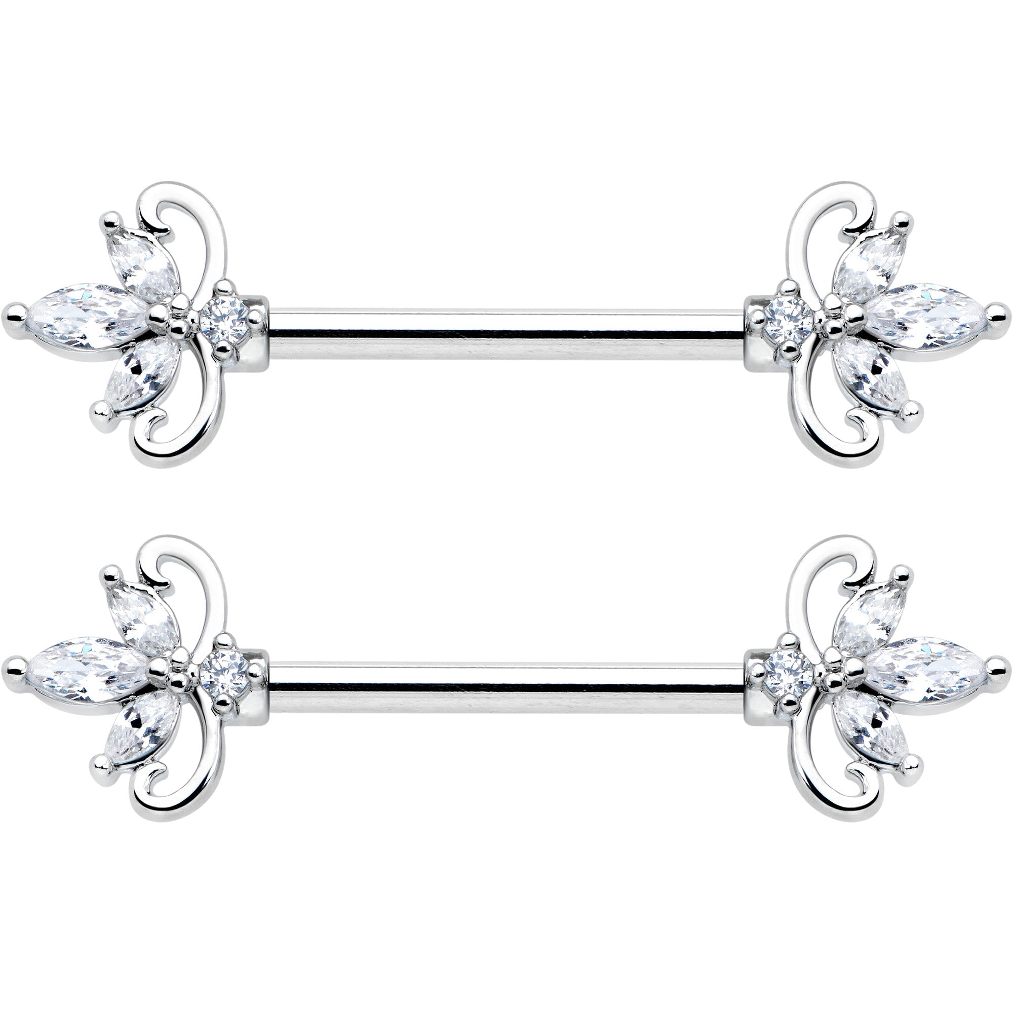 14G 9/16 Clear CZ Gem Double Heart Baroque Barbell Nipple Ring Set