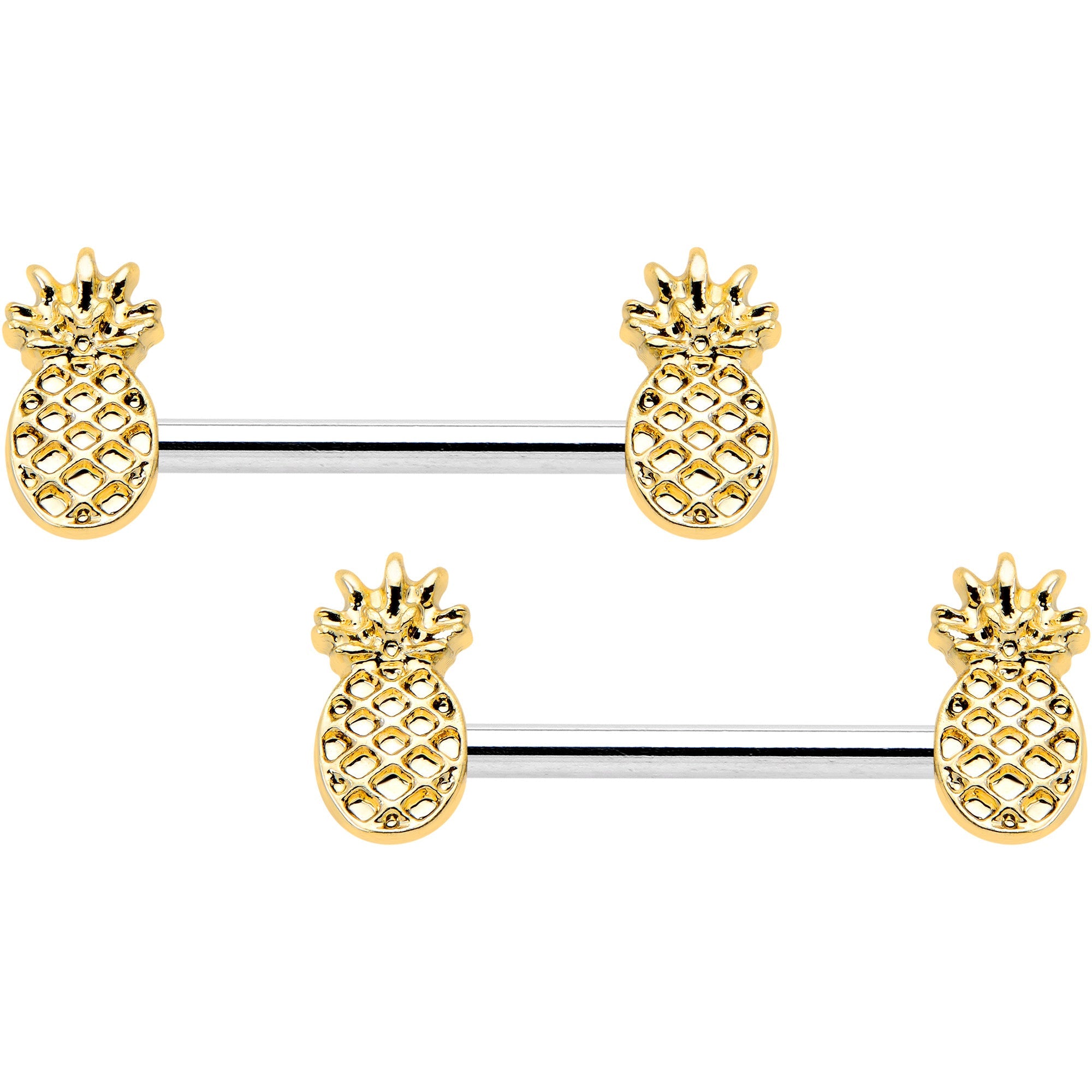14G 9/16 Lacy Golden Pineapples Barbell Nipple Ring Set