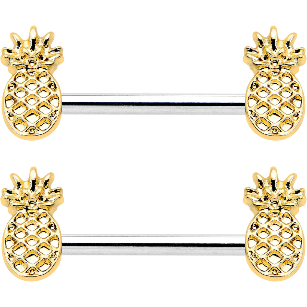 14G 9/16 Lacy Golden Pineapples Barbell Nipple Ring Set