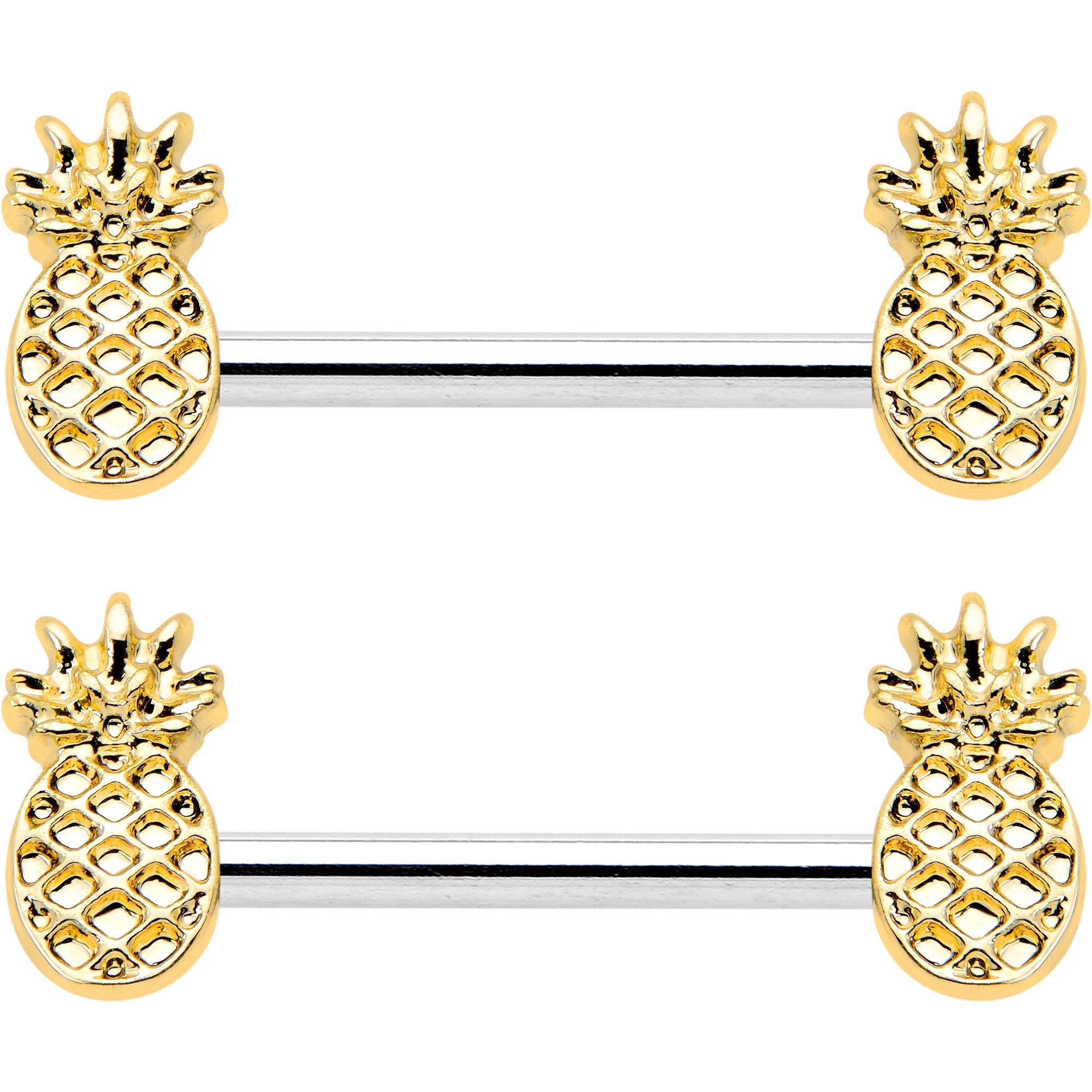 14G 9/16 Lacy Golden Pineapples Barbell Nipple Ring Set