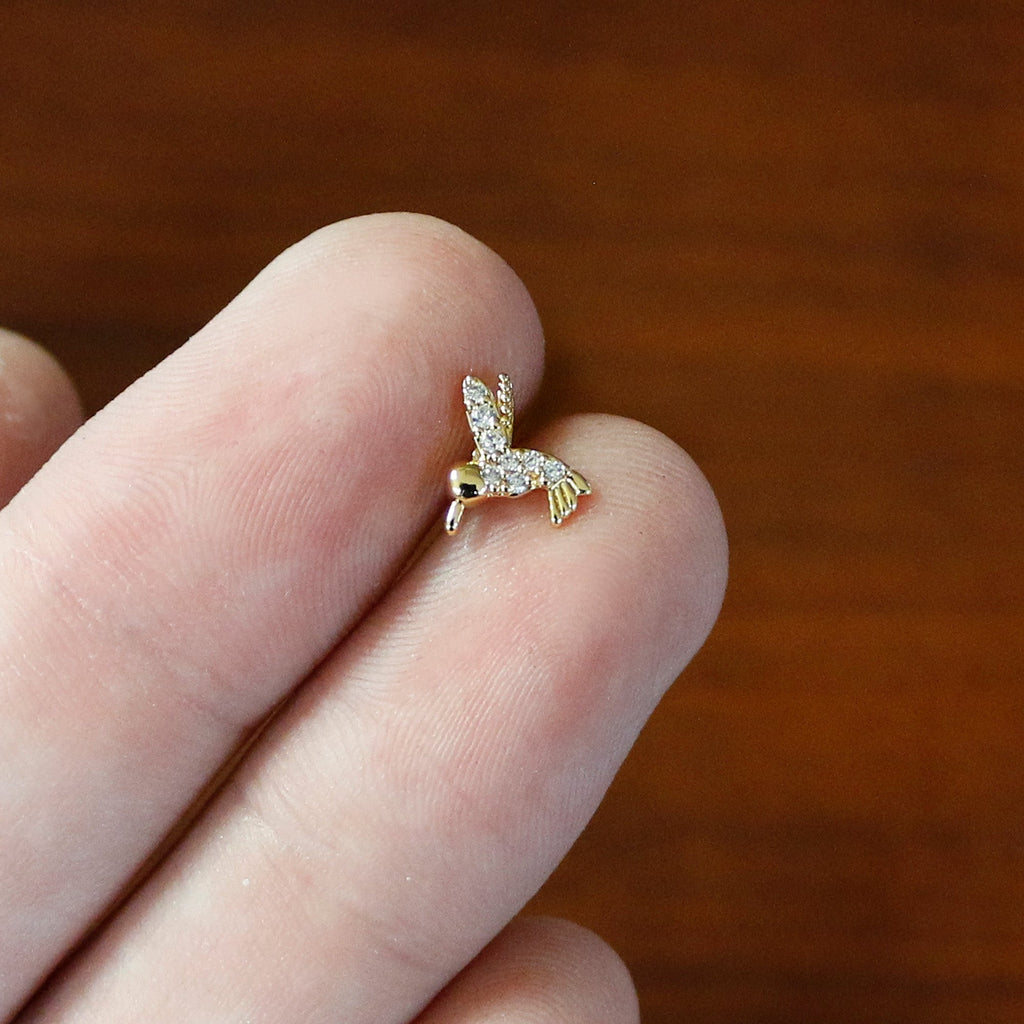 16G 1/4 Clear CZ Gem Gold Tone Interal Thread Hummingbird Labret