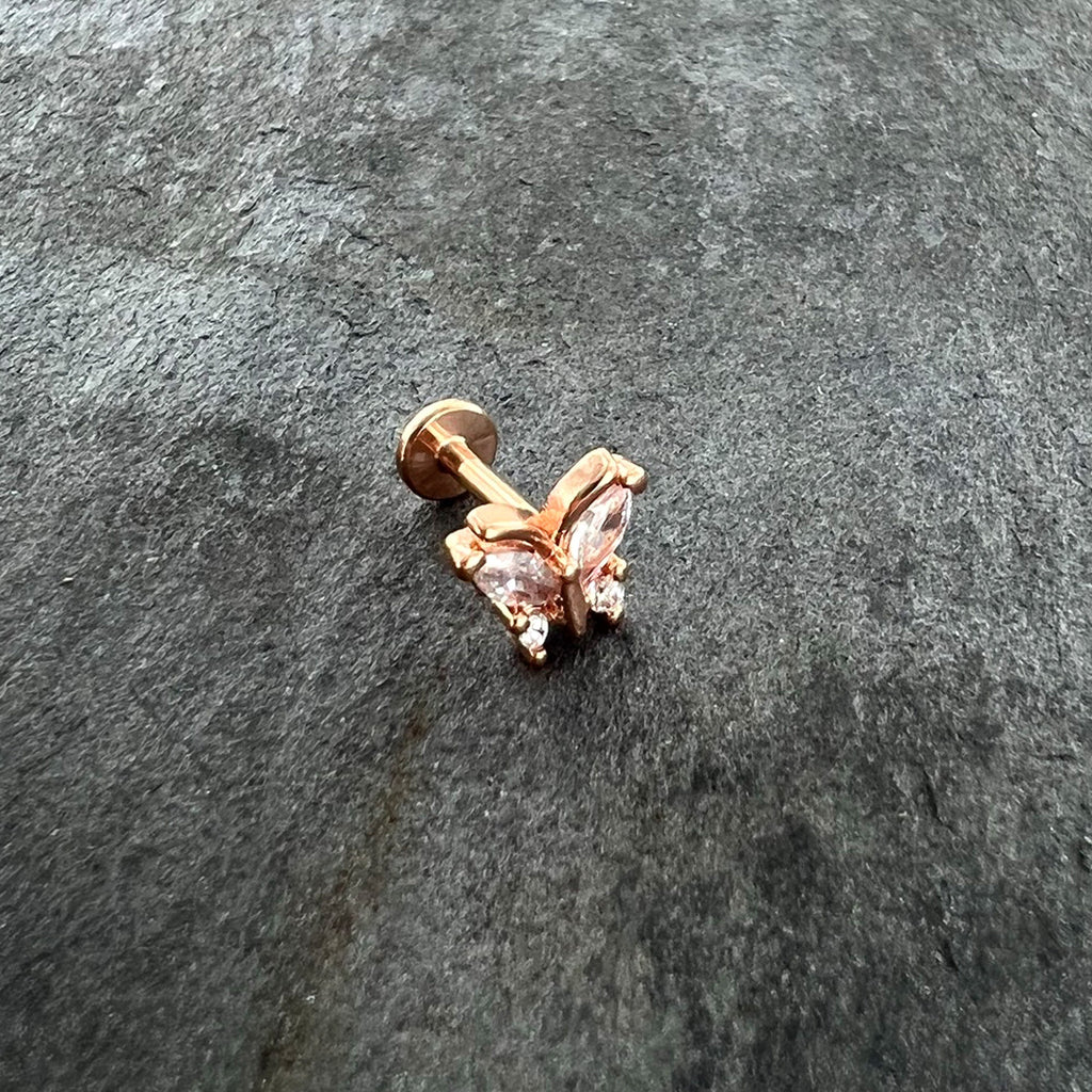 16G 1/4 Clear CZ Gem Rosy Hue Internal Thread Butterfly Labret