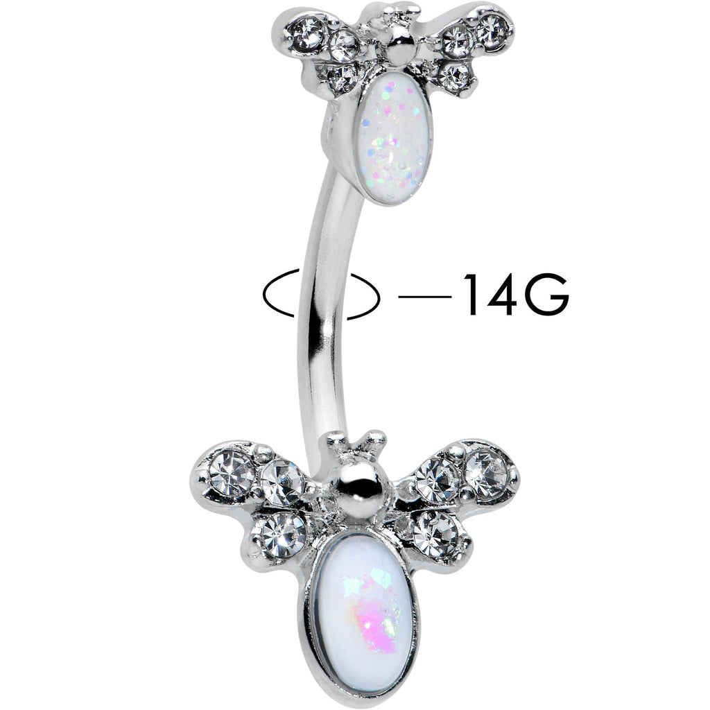 White Faux Opal Clear Gem Double Butterfly Double Mount Belly Ring