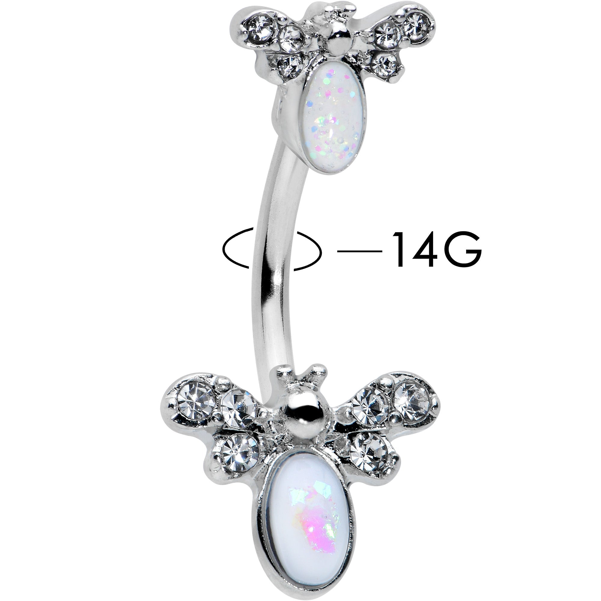 White Faux Opal Clear Gem Double Butterfly Double Mount Belly Ring