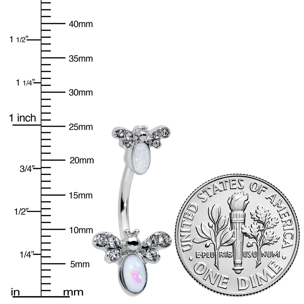 White Faux Opal Clear Gem Double Butterfly Double Mount Belly Ring