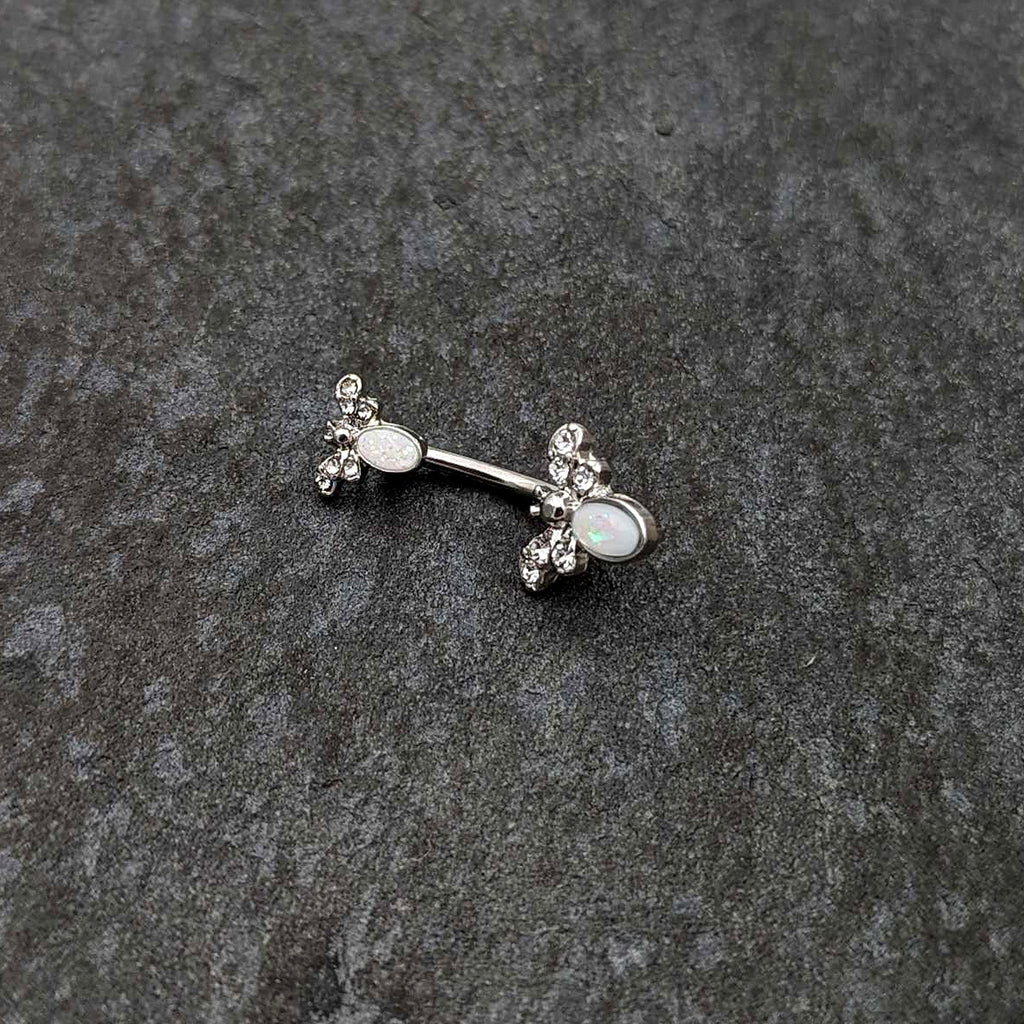 White Faux Opal Clear Gem Double Butterfly Double Mount Belly Ring