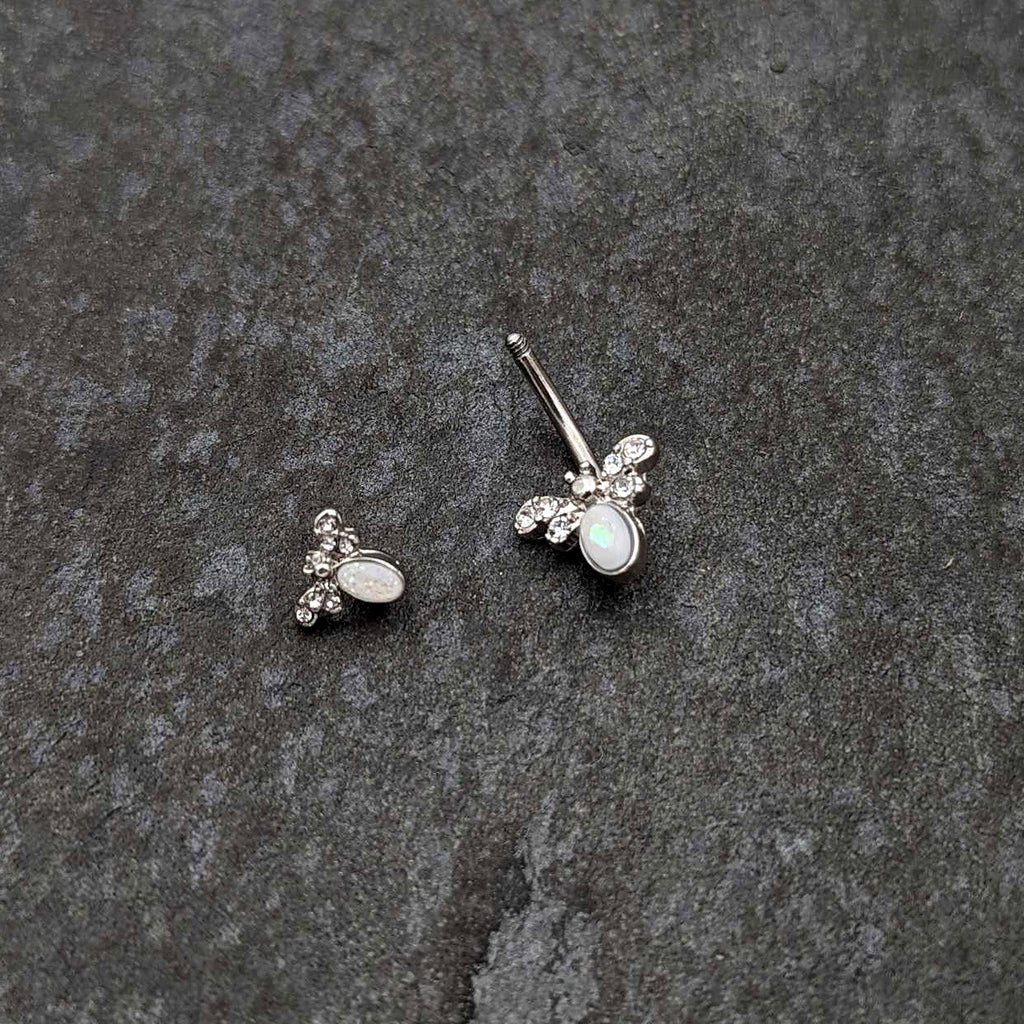 White Faux Opal Clear Gem Double Butterfly Double Mount Belly Ring