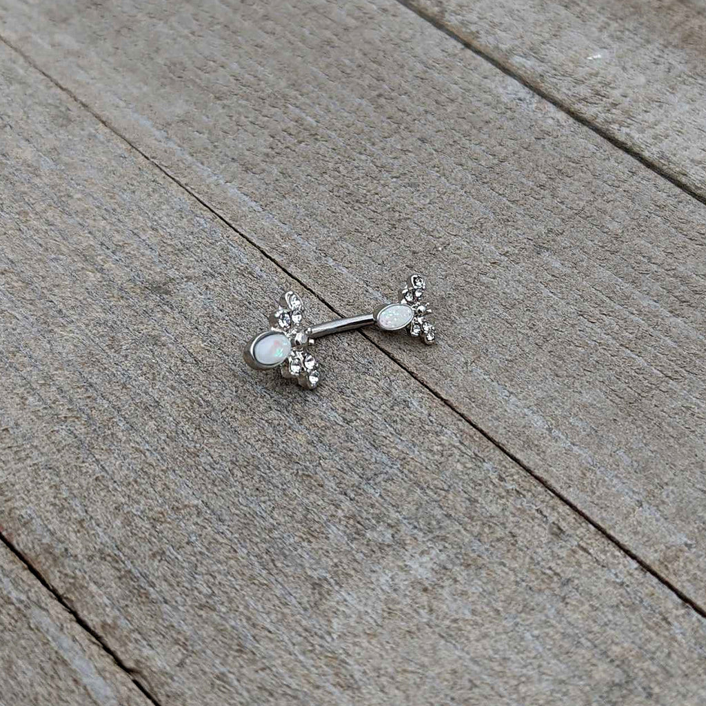 White Faux Opal Clear Gem Double Butterfly Double Mount Belly Ring