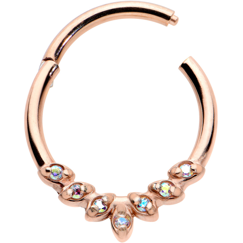 16G 3/8 Aurora CZ Gem Rose Gold Hue Seven Leaf Hinged Segment Ring